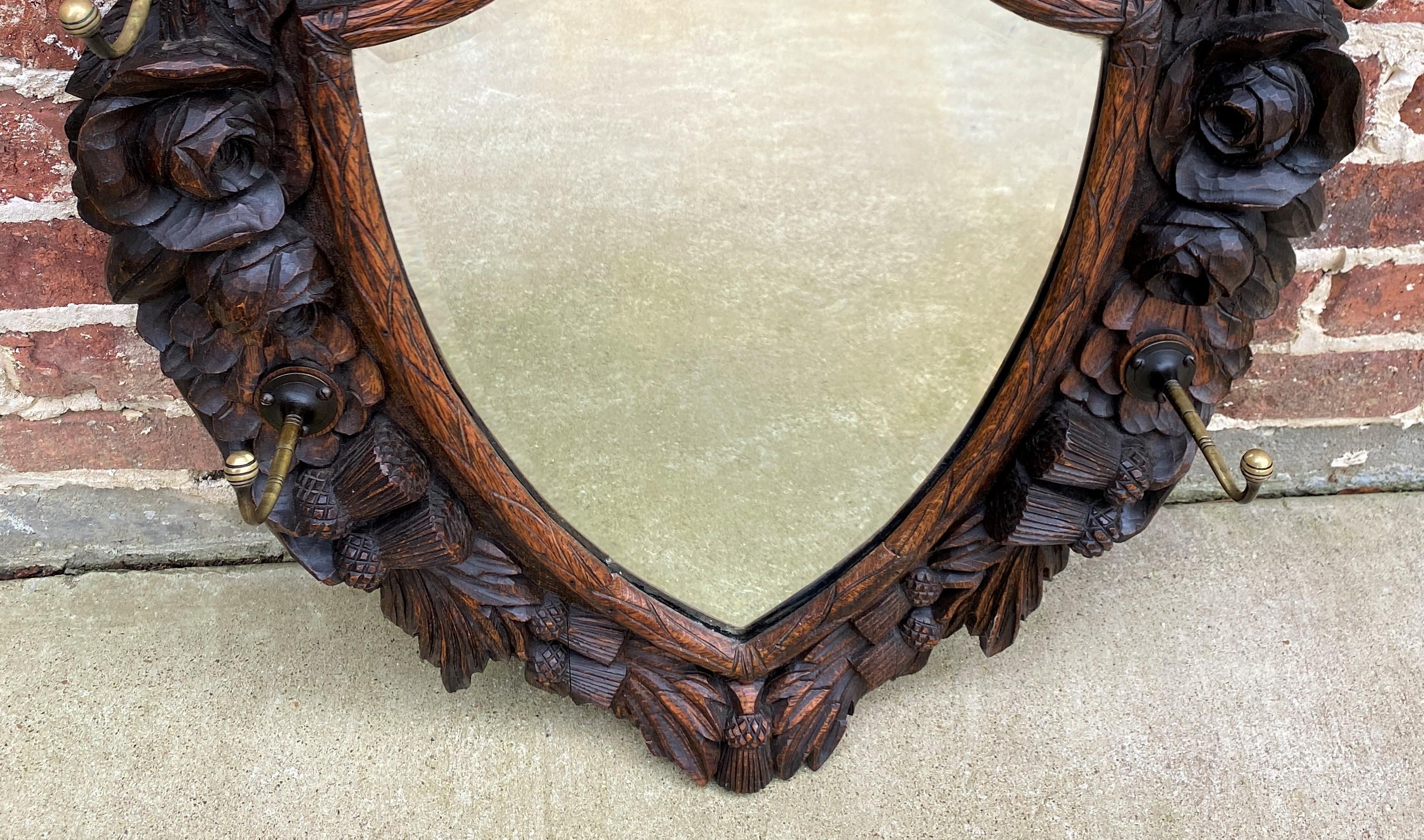 Antique English Mirror Renaissance Revival Oak Frame Shield Shape Lion Wood Back 2