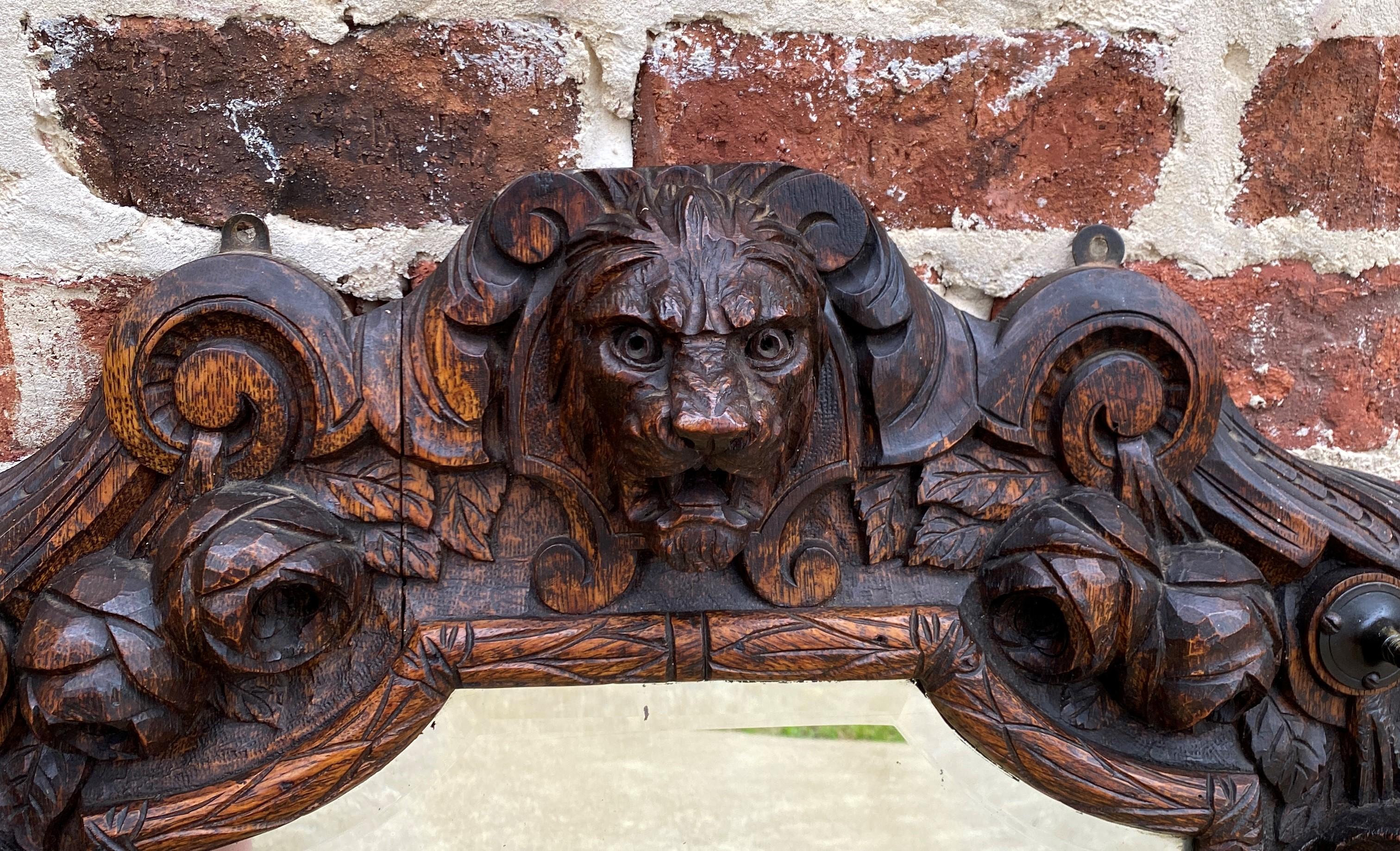 Antique English Mirror Renaissance Revival Oak Frame Shield Shape Lion Wood Back 3