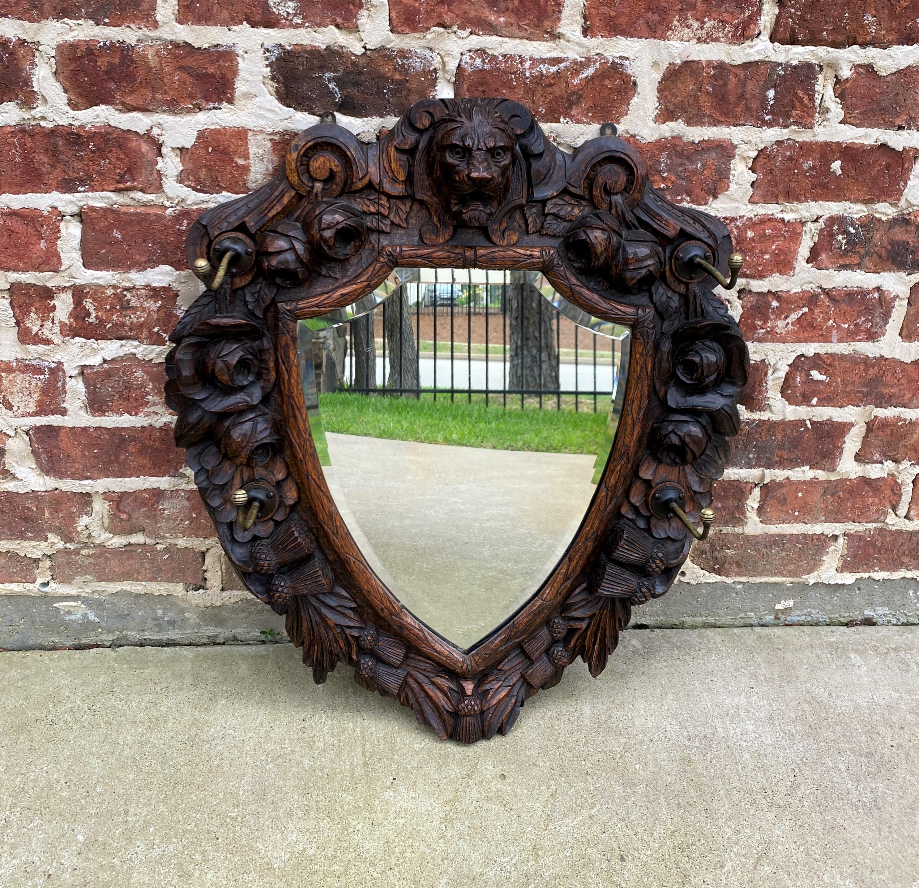 Antique English Mirror Renaissance Revival Oak Frame Shield Shape Lion Wood Back 4