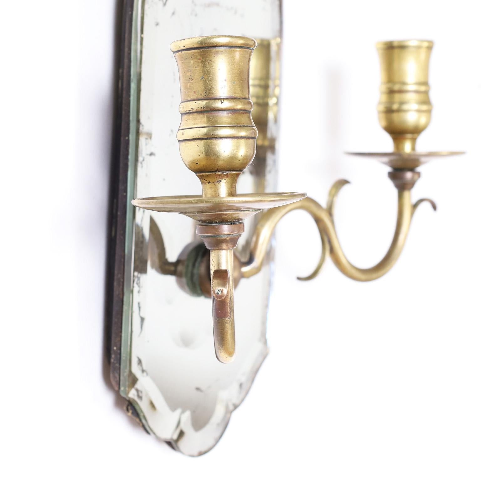 Turned Antique English Mirrored Two Light Wall Sconces For Sale