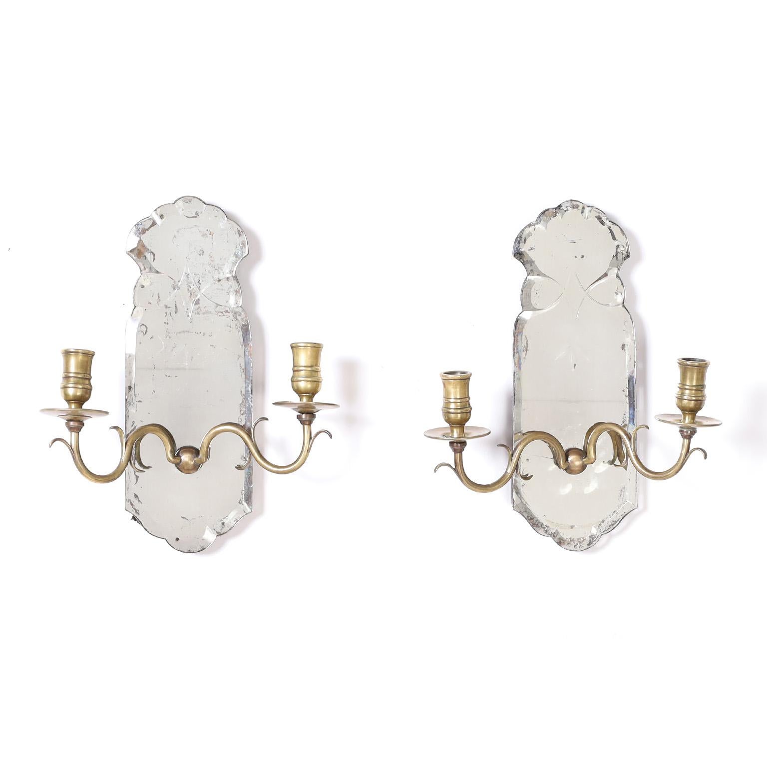 Antique English Mirrored Two Light Wall Sconces In Good Condition For Sale In Palm Beach, FL