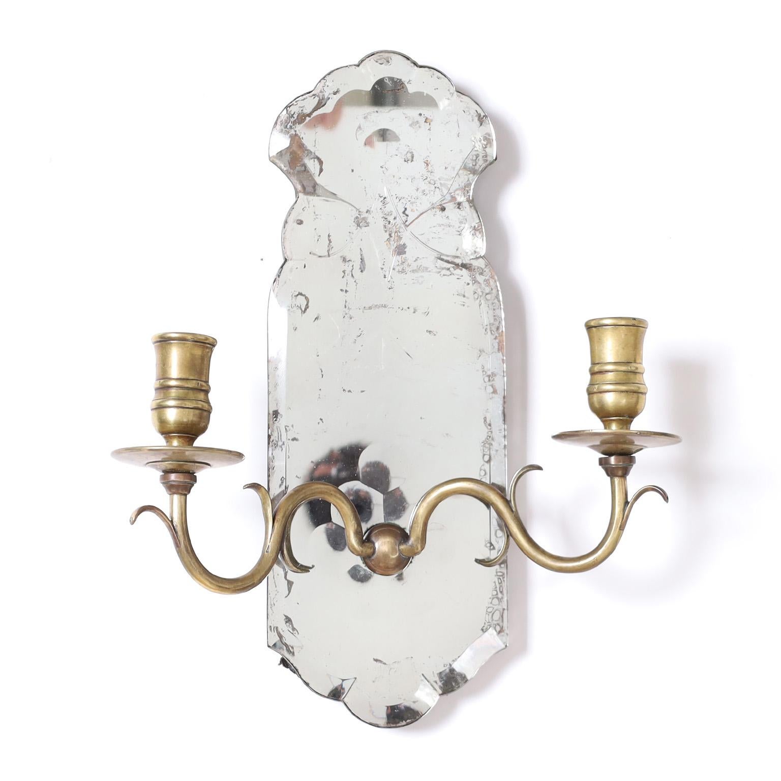 19th Century Antique English Mirrored Two Light Wall Sconces For Sale