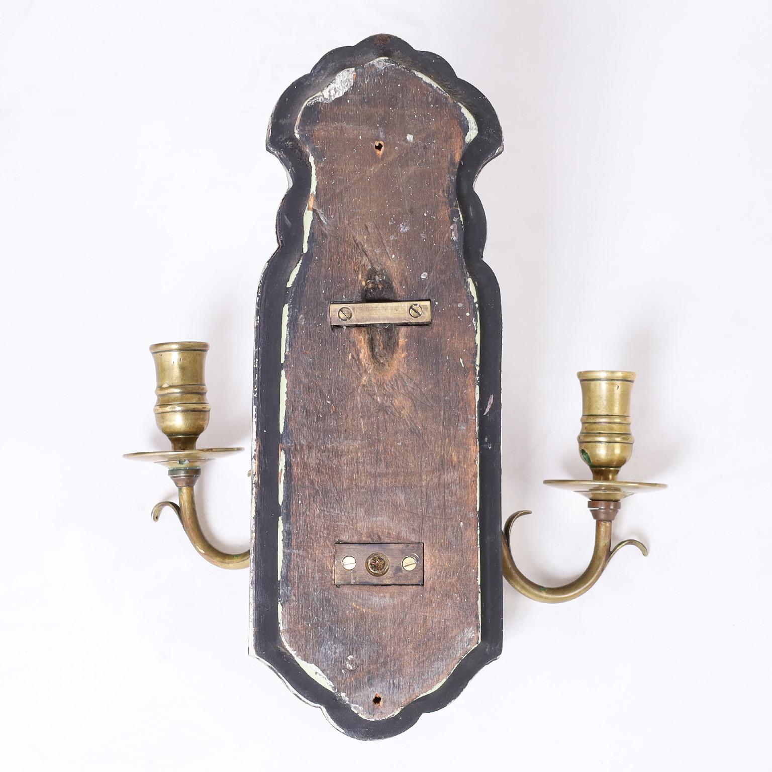 Brass Antique English Mirrored Two Light Wall Sconces For Sale
