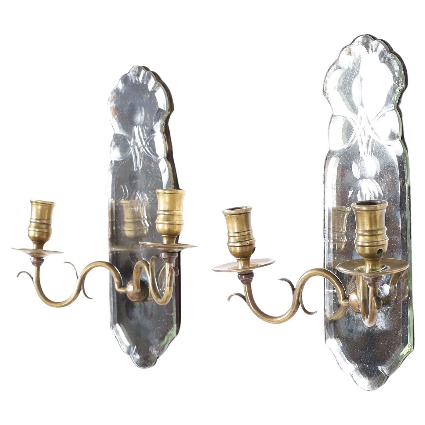 Antique English Mirrored Two Light Wall Sconces For Sale