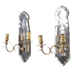 Antique English Mirrored Two Light Wall Sconces