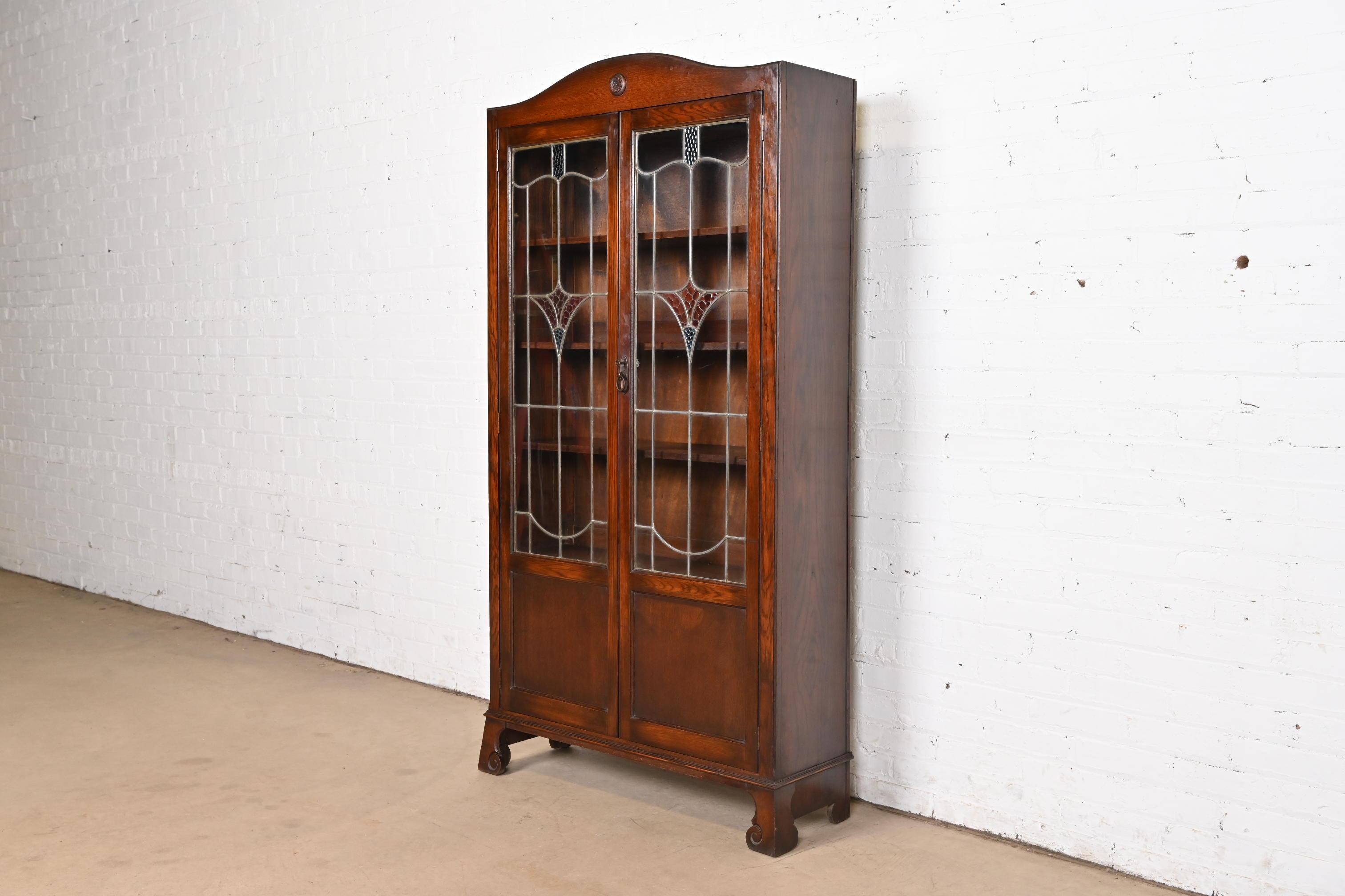 Early 20th Century Antique English Mission Oak Arts & Crafts Bookcase W/ Stained Leaded Glass Doors