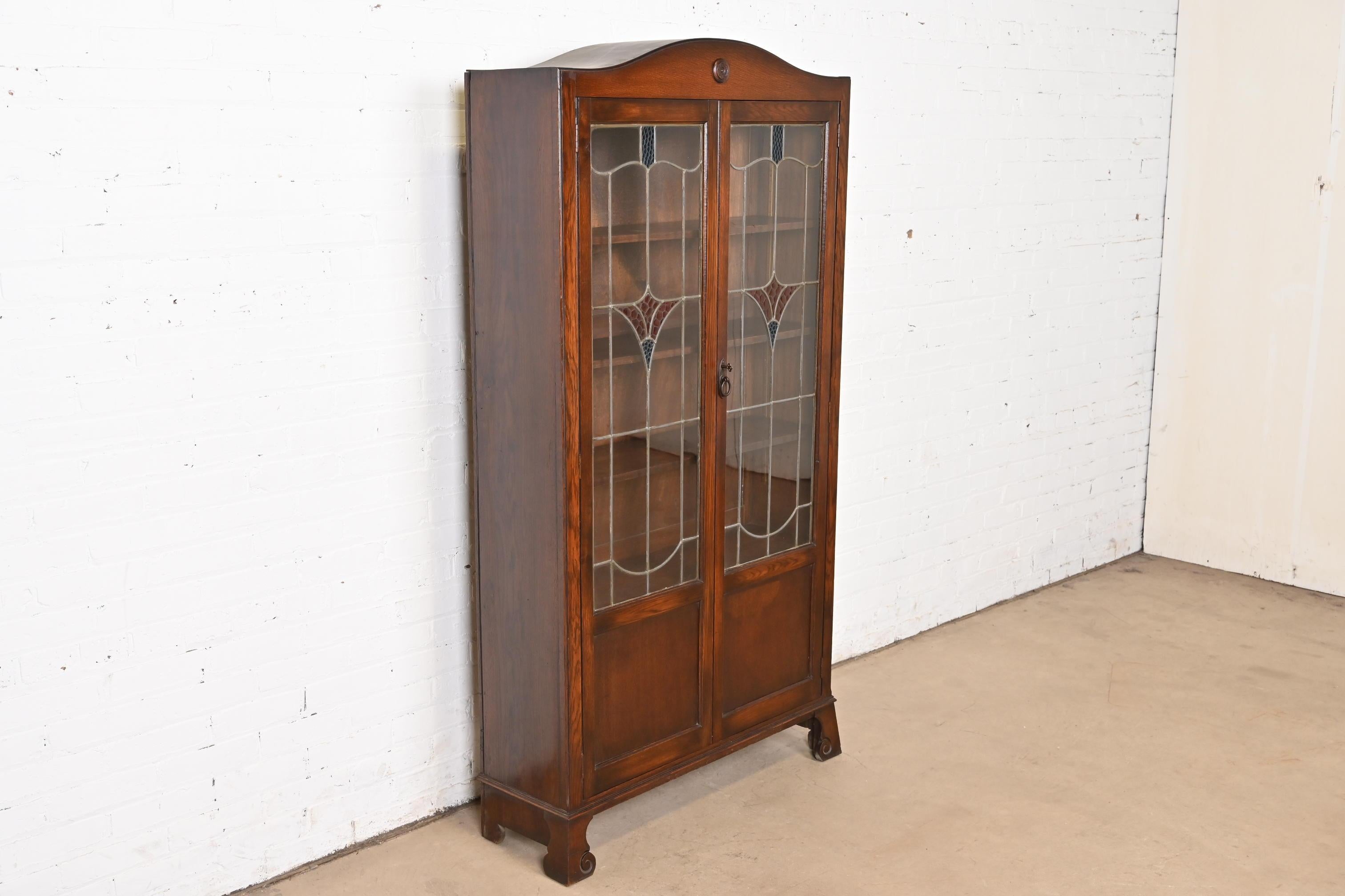 Brass Antique English Mission Oak Arts & Crafts Bookcase W/ Stained Leaded Glass Doors