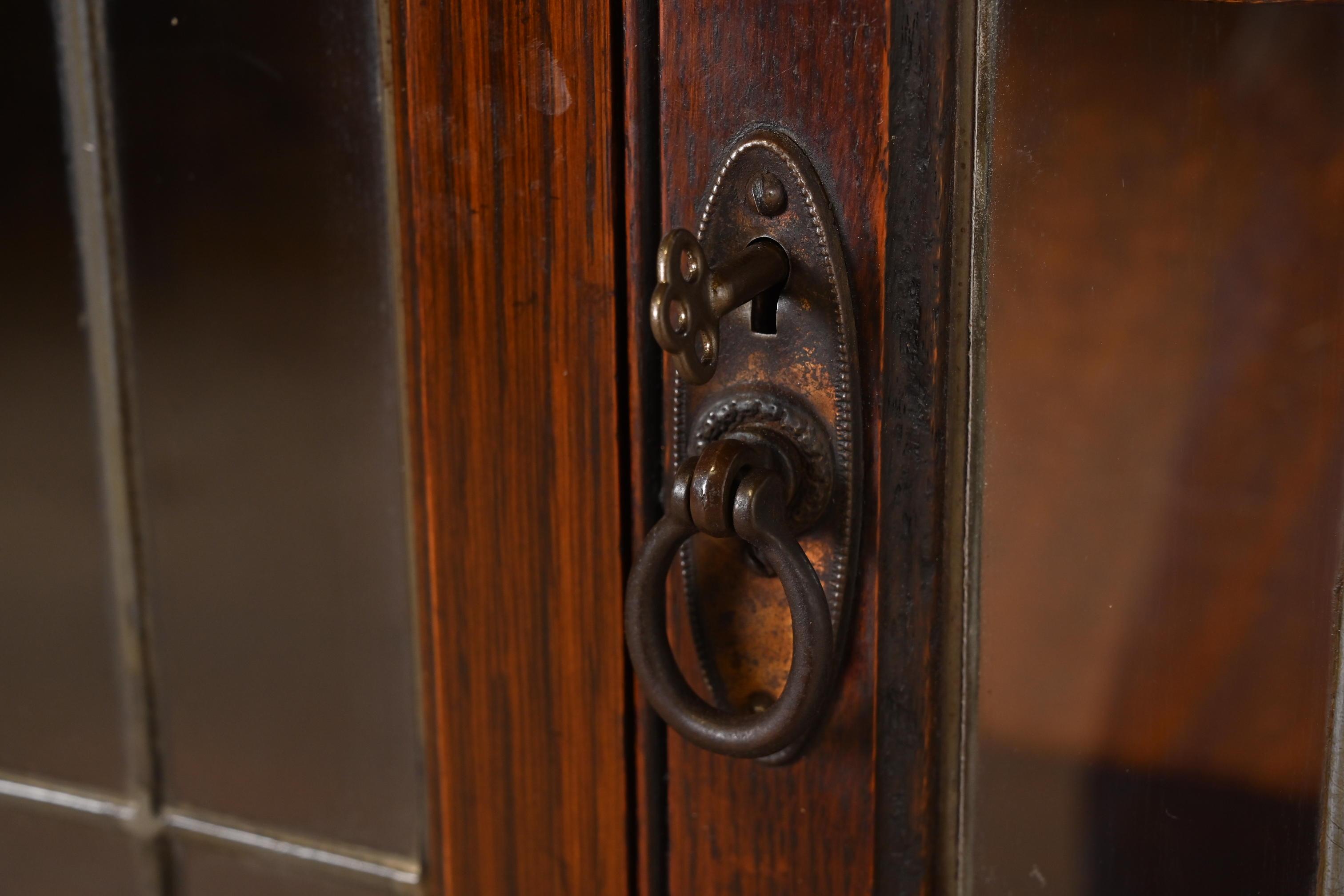 Antique English Mission Oak Arts & Crafts Bookcase W/ Stained Leaded Glass Doors 3
