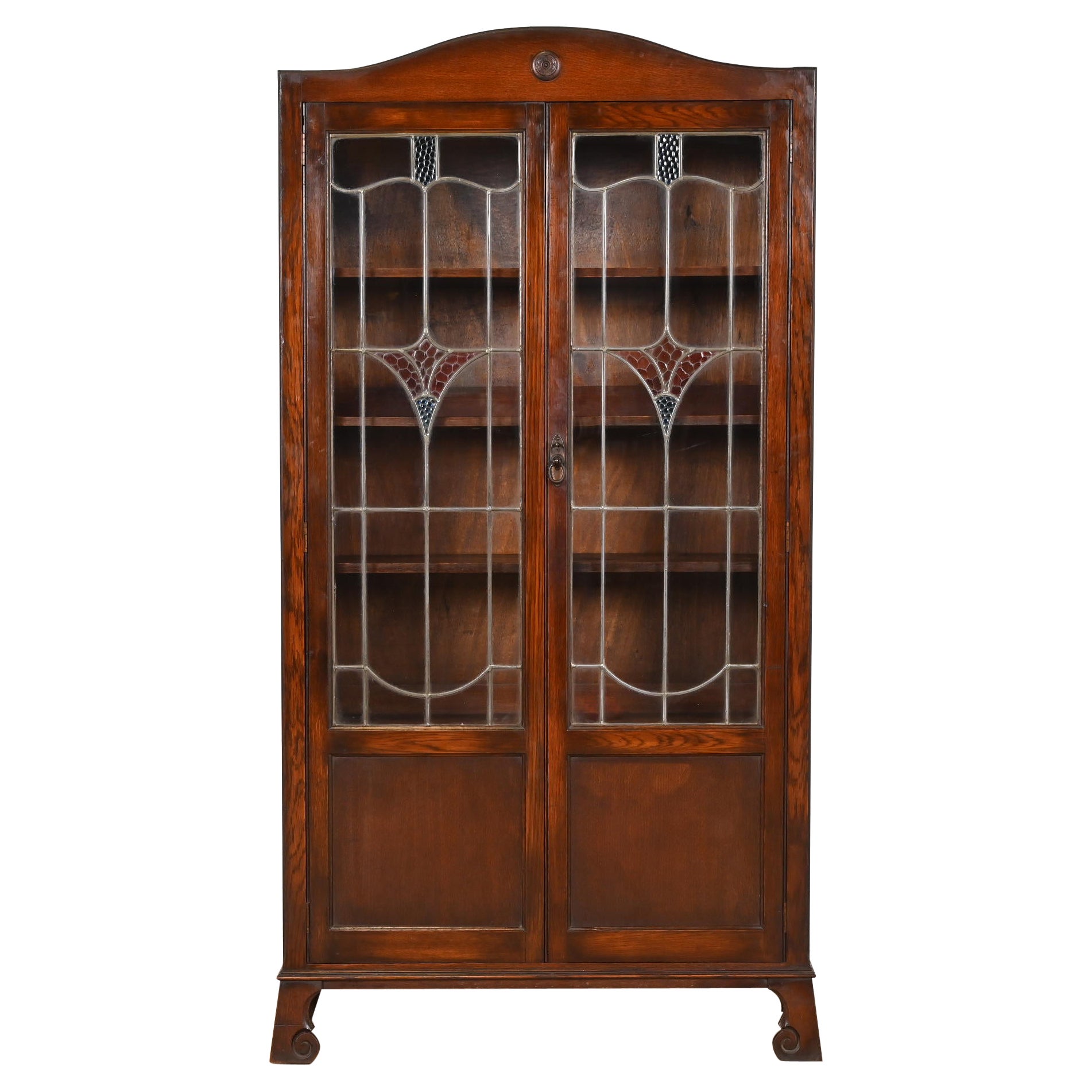 Antique English Mission Oak Arts 
Crafts Bookcase W/ Stained Leaded Glass Doors