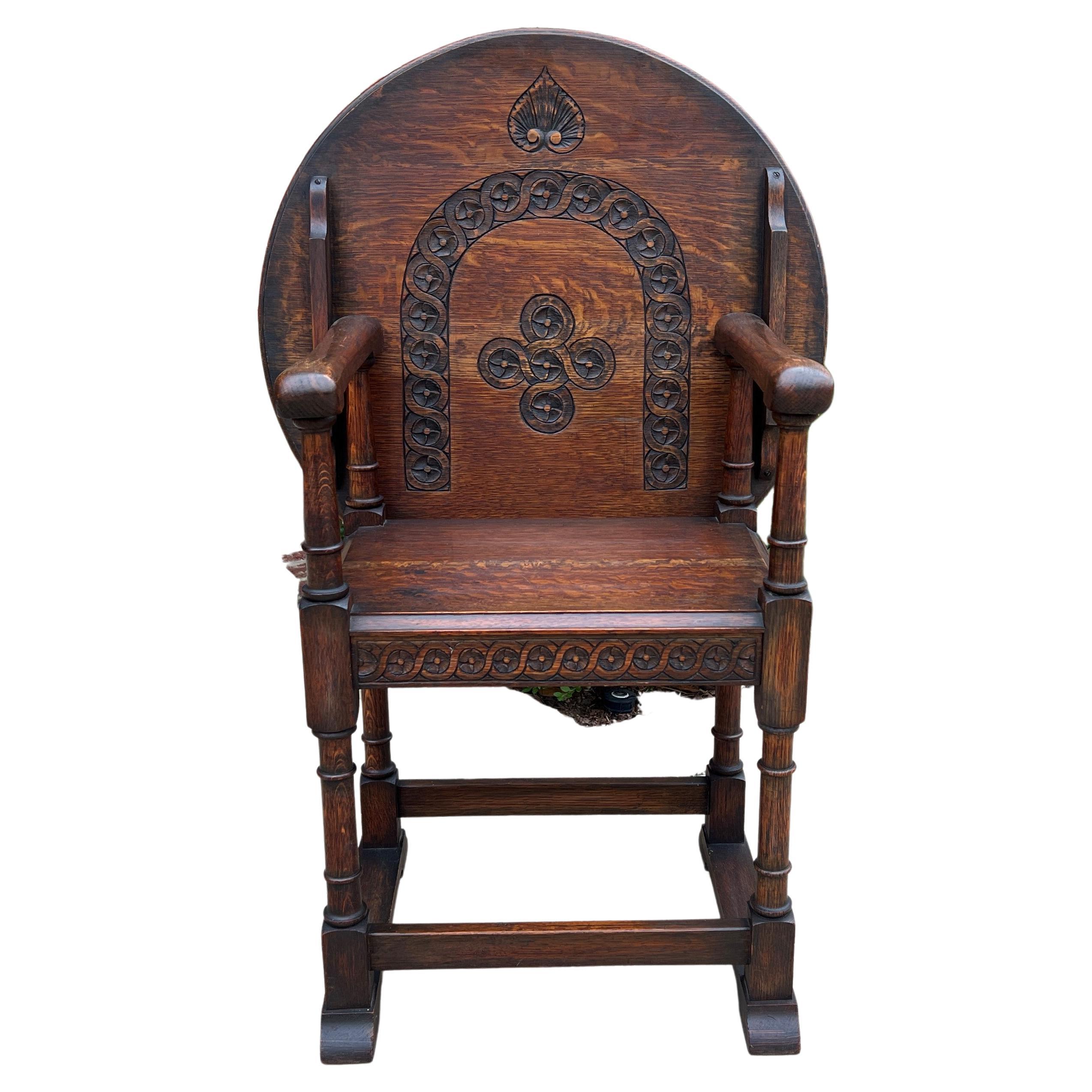 Antique English Monk's Chair Bench Oak Converts to Folding Table Round 19th C