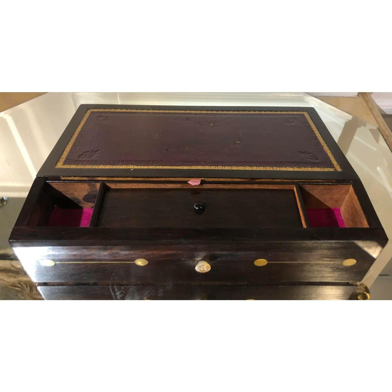 Mother-of-Pearl Antique English Mother of Pearl Inlaid Table Cabinet Jewelry Box with Lap Desk For Sale