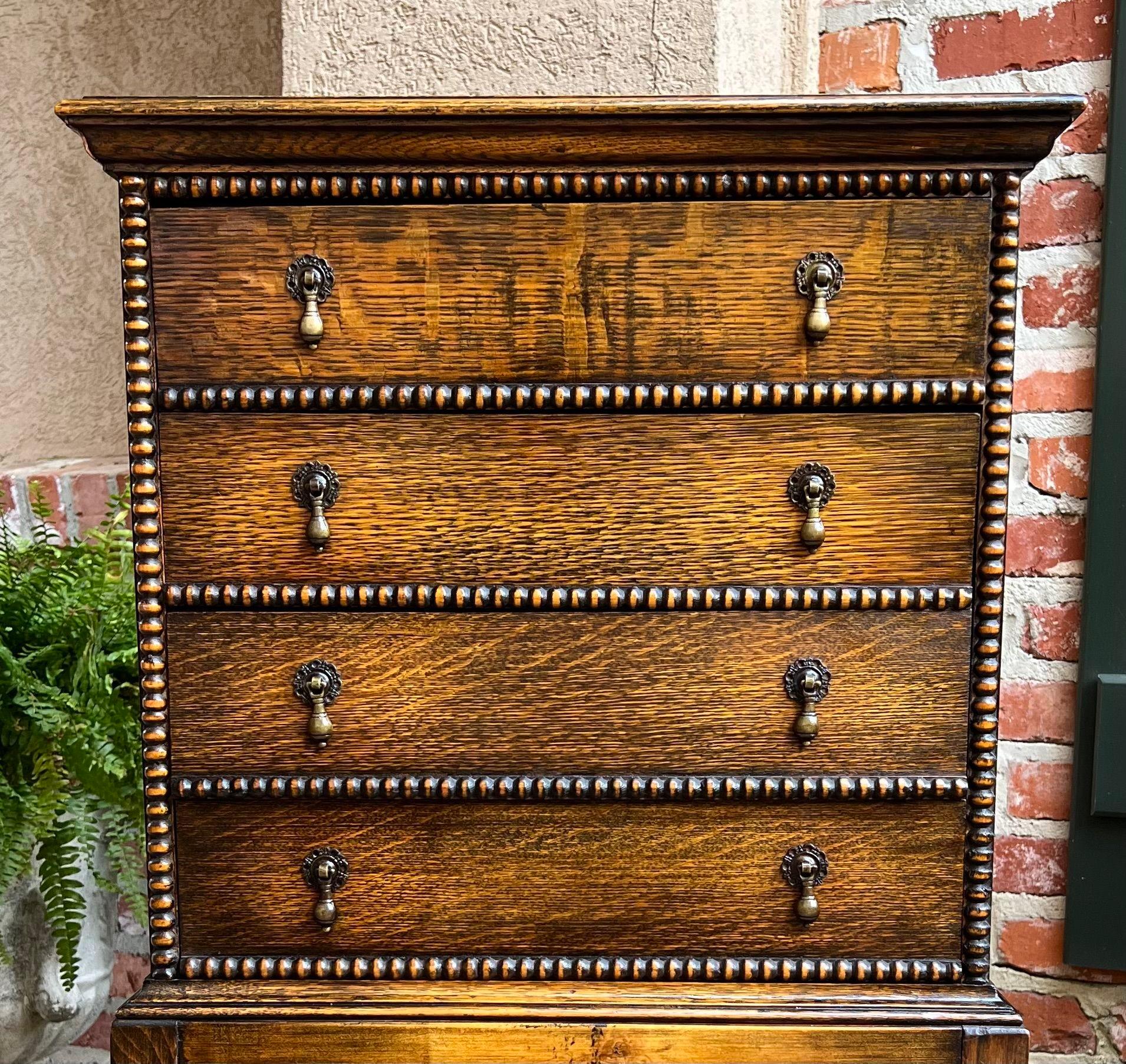 Beaded Antique English Music Cabinet Office File Jacobean Petite End Table Tiger Oak For Sale
