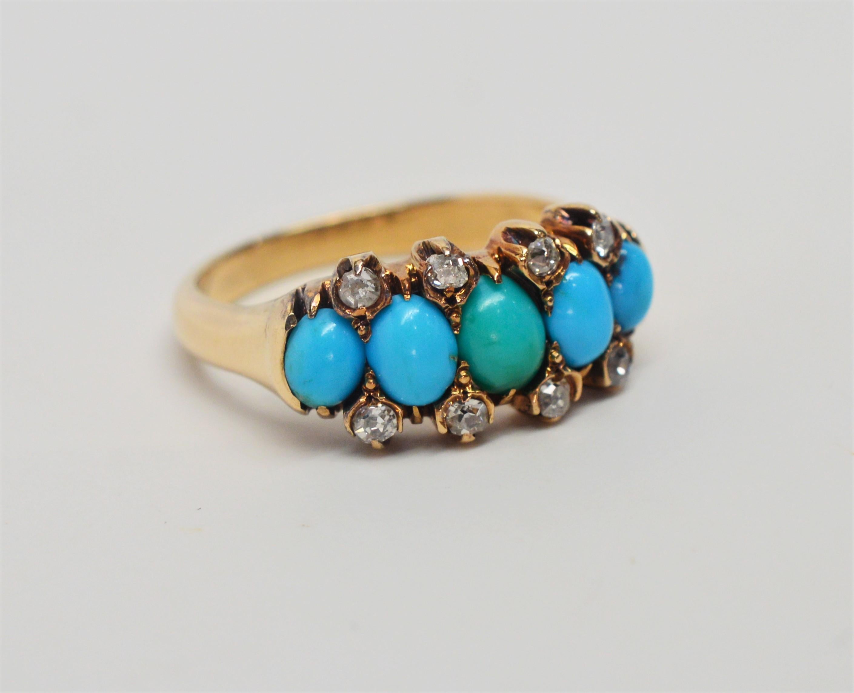Oval Cut Antique English Natural Turquoise Diamond Yellow Gold Ring