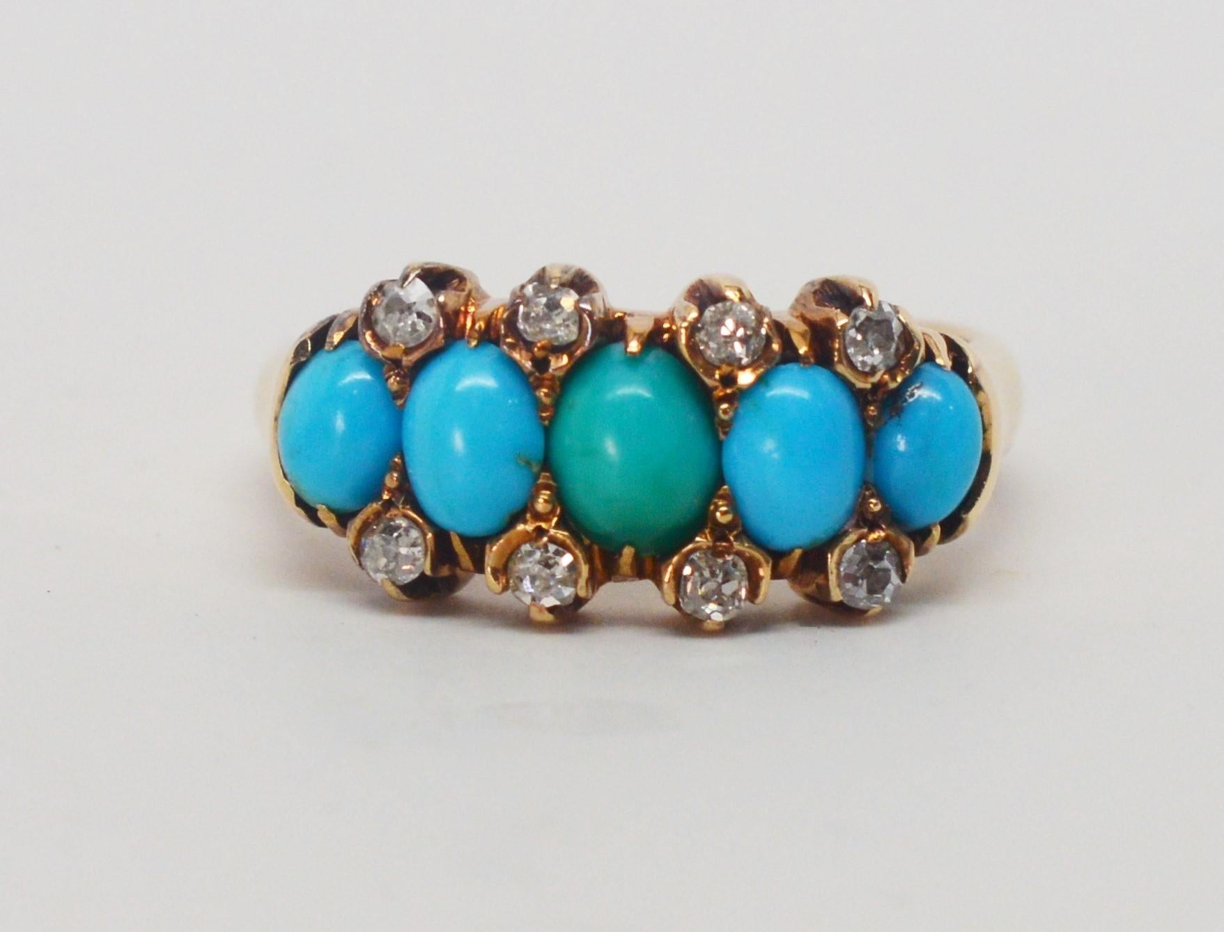 Antique English Natural Turquoise Diamond Yellow Gold Ring In Good Condition In Mount Kisco, NY
