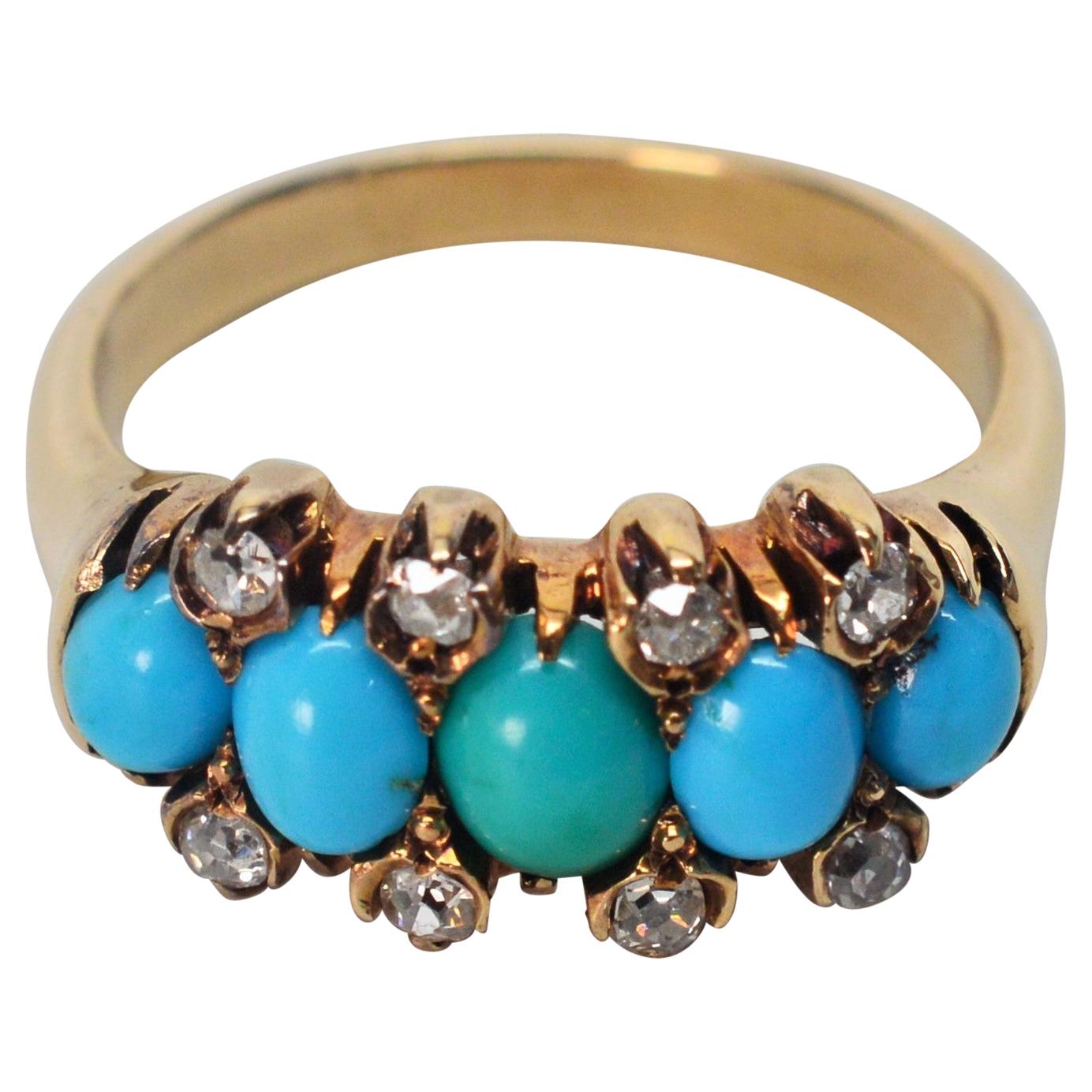Antique English Natural Turquoise Diamond Yellow Gold Ring