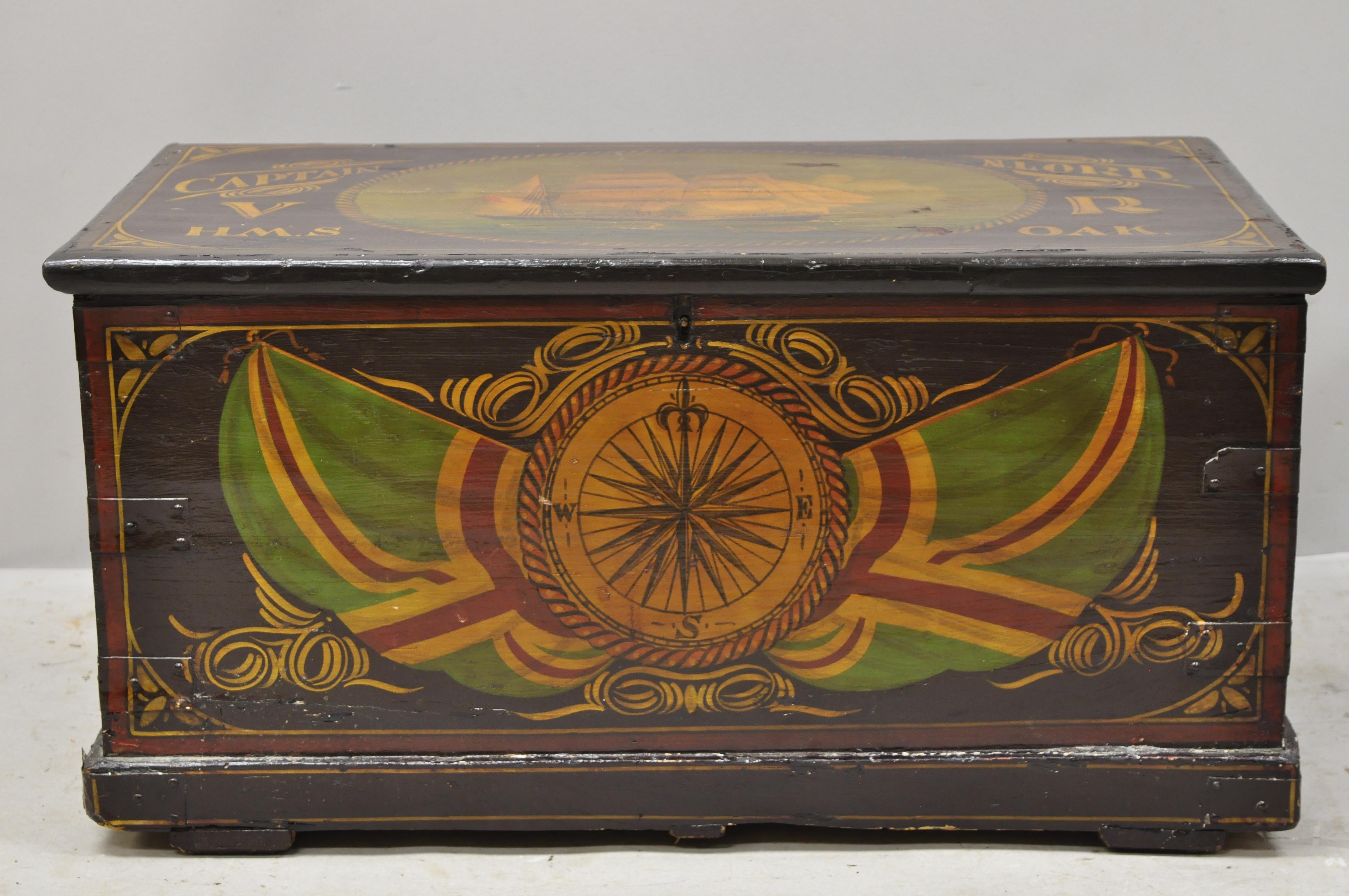 Antique English nautical captain N. Lord Clipper ship green painted blanket chest trunk. Item features hand painted details, solid wood construction, no key, but unlocked, very nice antique item, circa early 1900s. Measurements: 16.5