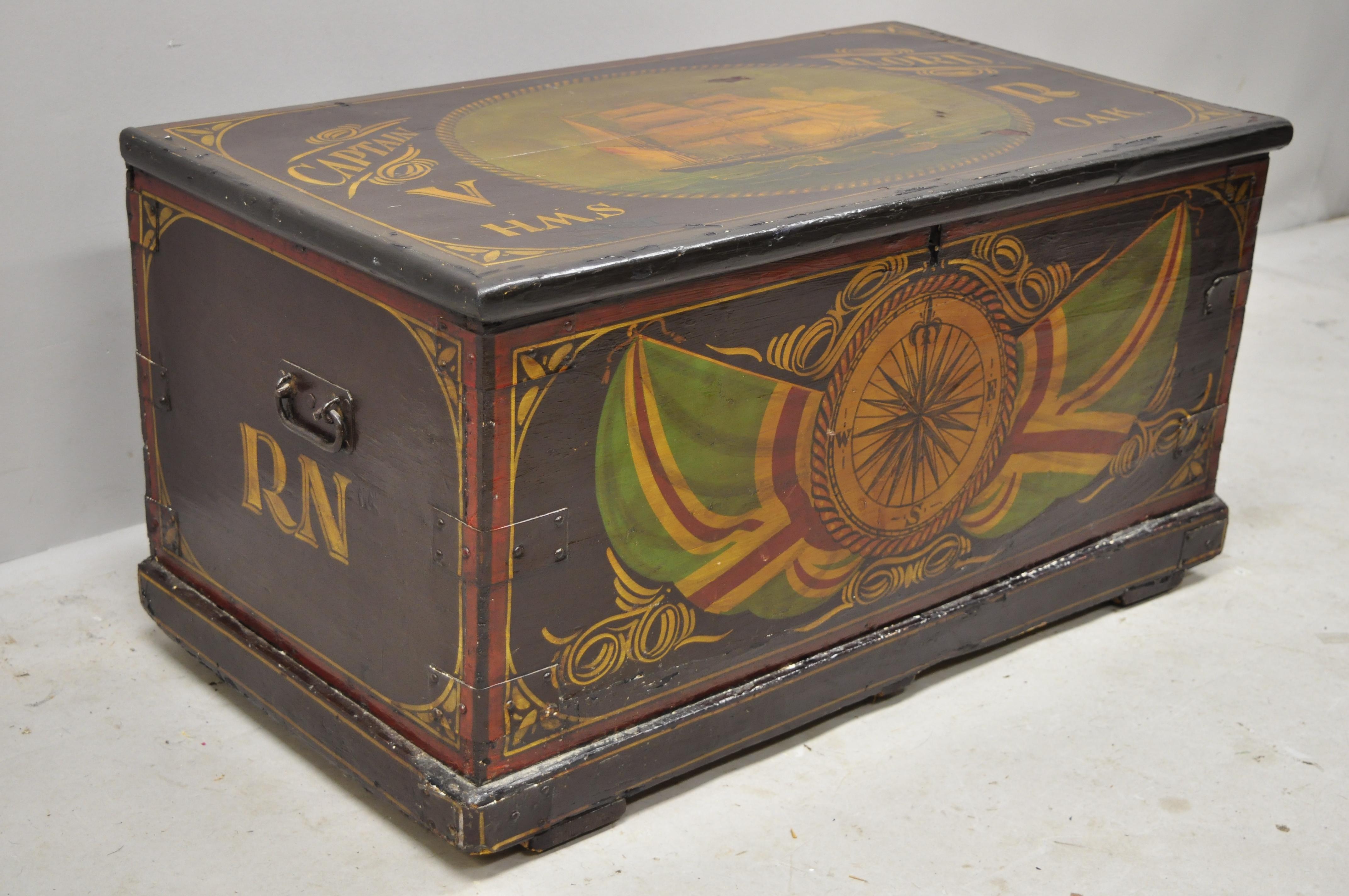 Antique English Nautical Captain N Lord Ship Green Painted Blanket Chest Trunk In Good Condition In Philadelphia, PA
