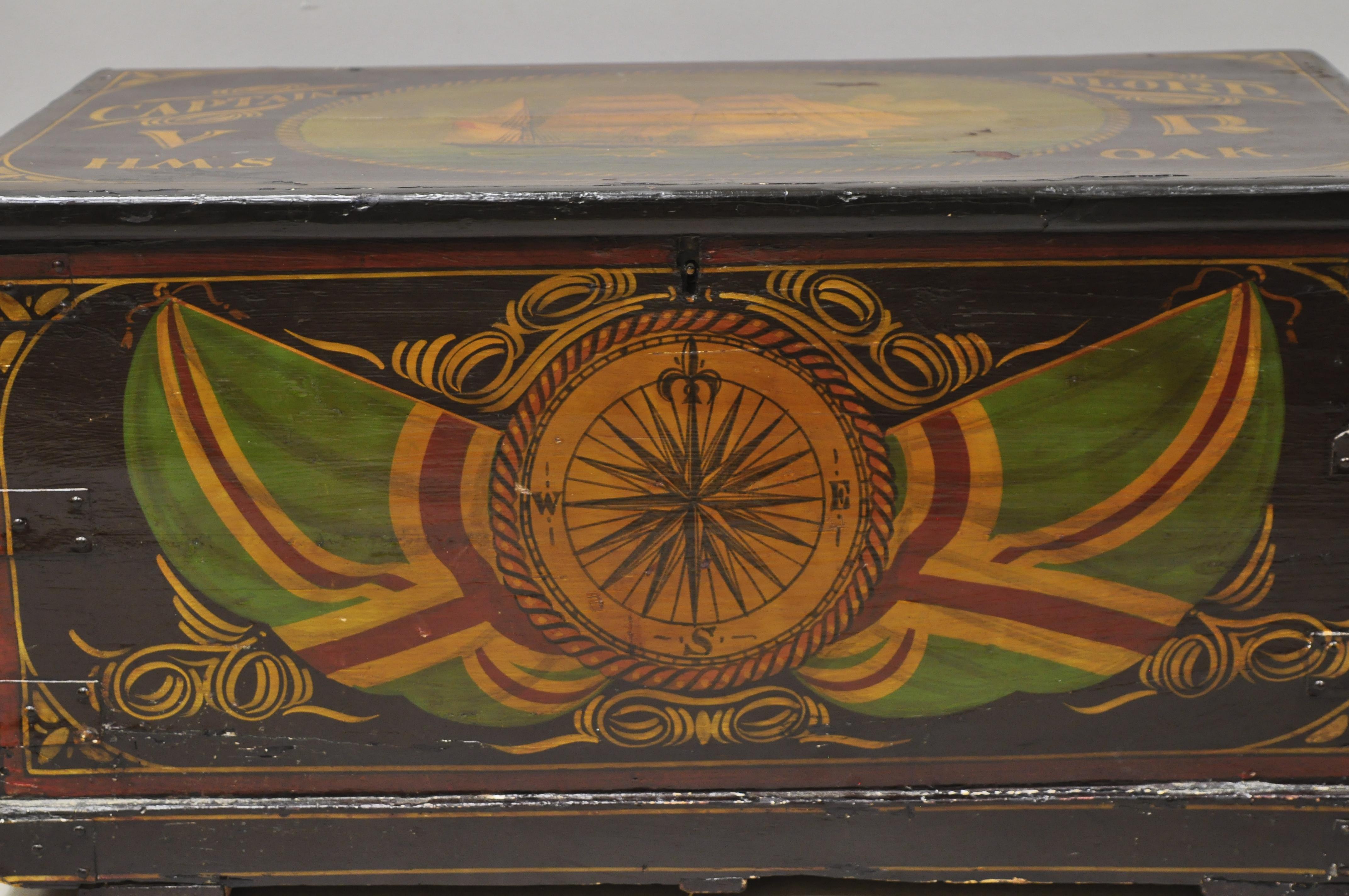 Wood Antique English Nautical Captain N Lord Ship Green Painted Blanket Chest Trunk