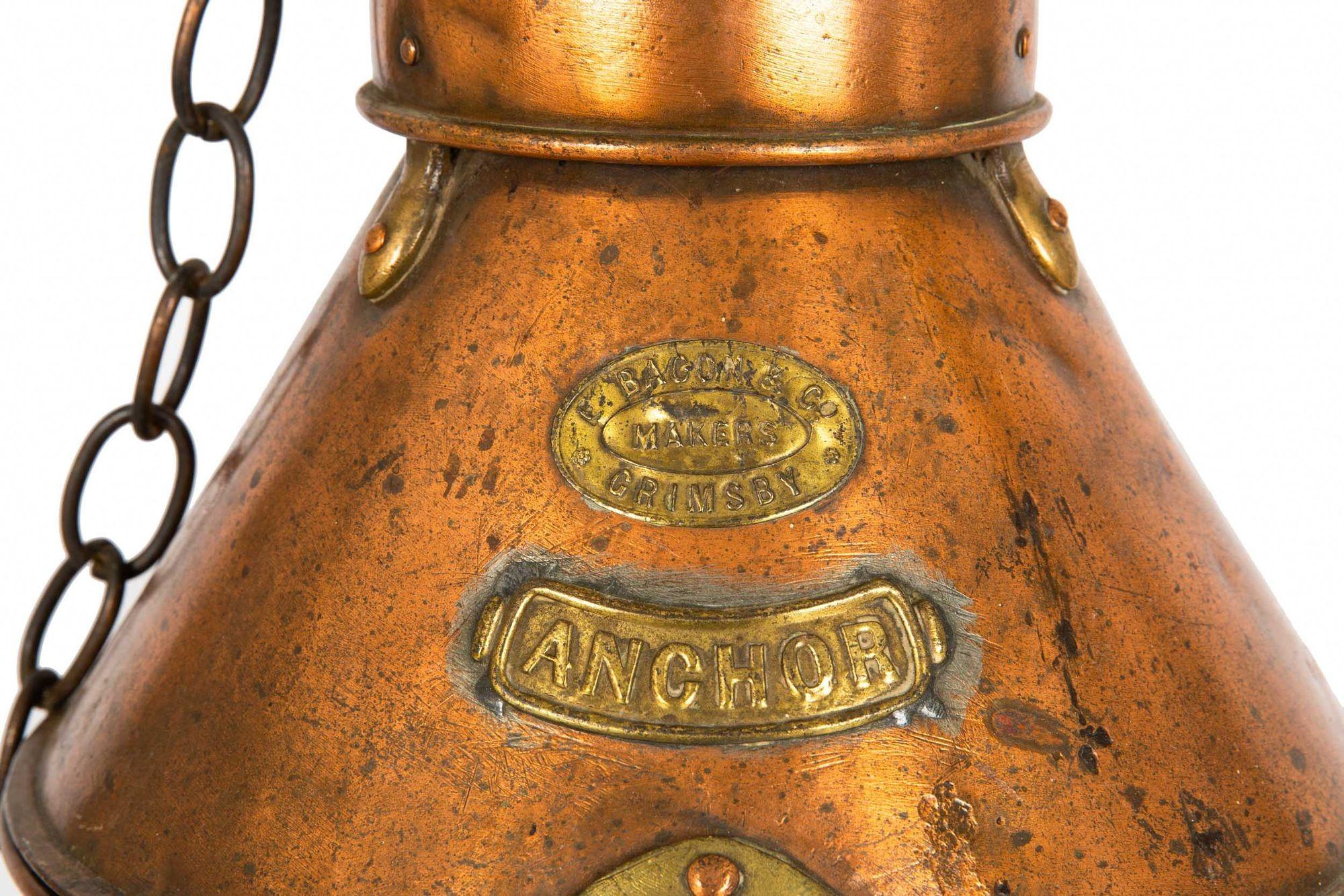 Copper Antique English Nautical Ship’s Anchor Lantern by E. Bacon & Co For Sale