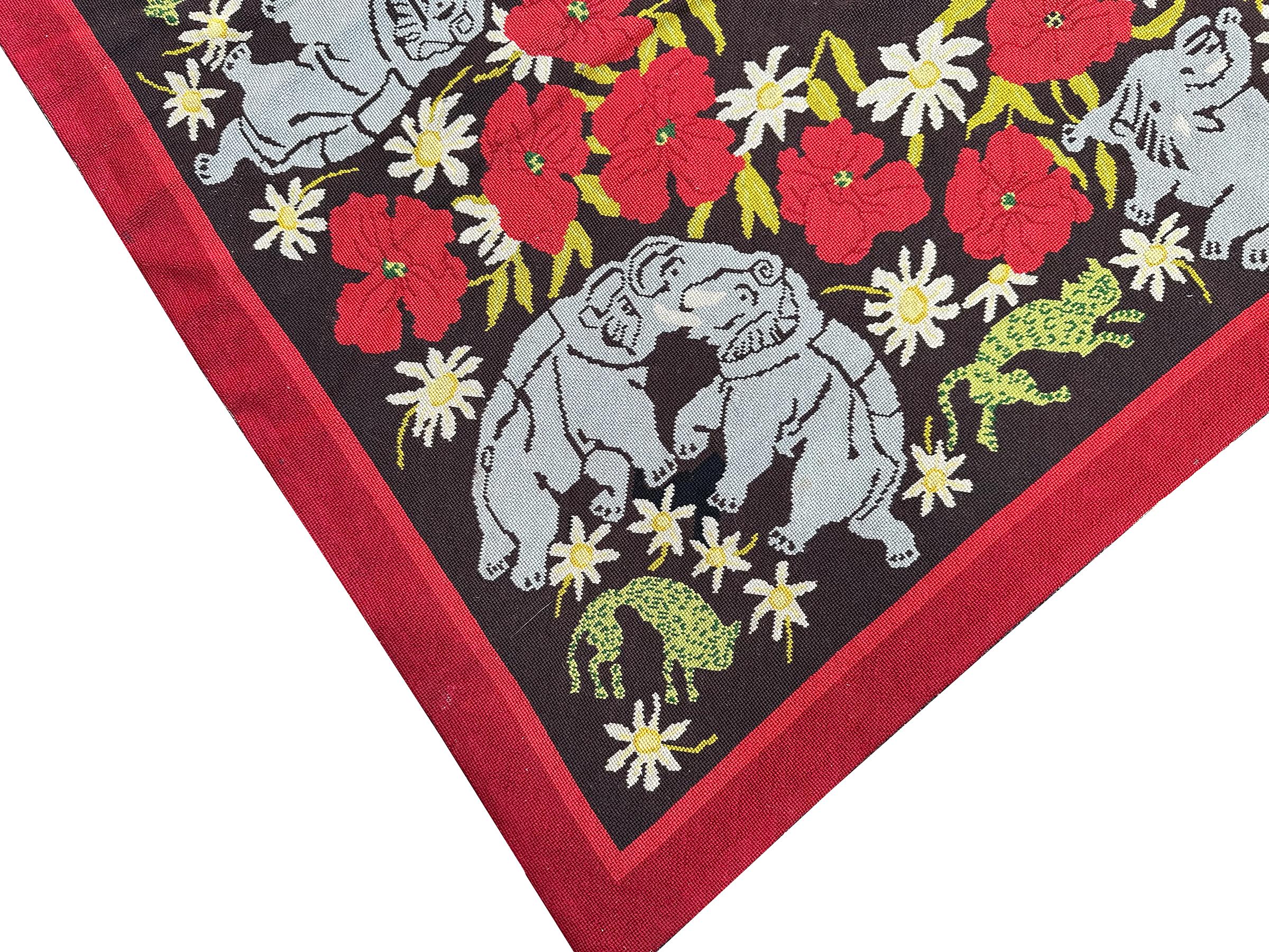 Anglais Antique English Needlepoint 3x5 Tapestry 102cmx145cm Elephant Tapestry c.1930 en vente