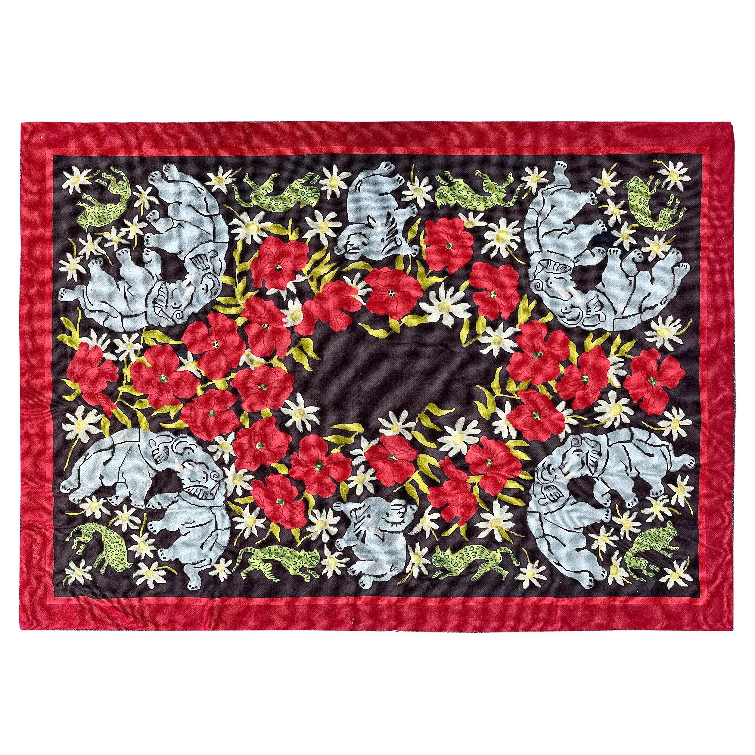 Antique English Needlepoint 3x5 Tapestry 102cmx145cm Elephant Tapestry c.1930