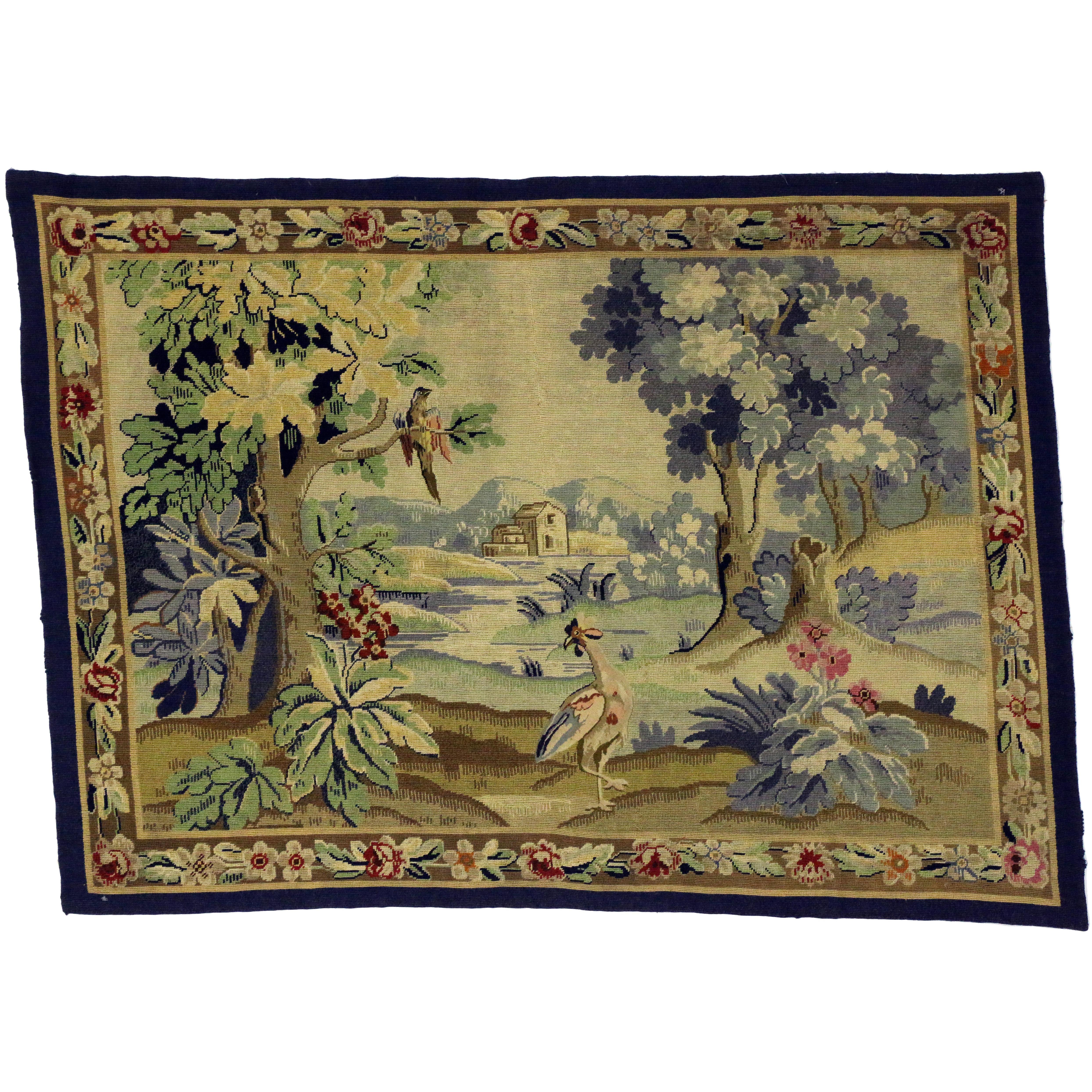 Antique English Needlepoint Aubusson Verdure Garden Tapestry Wall Hanging