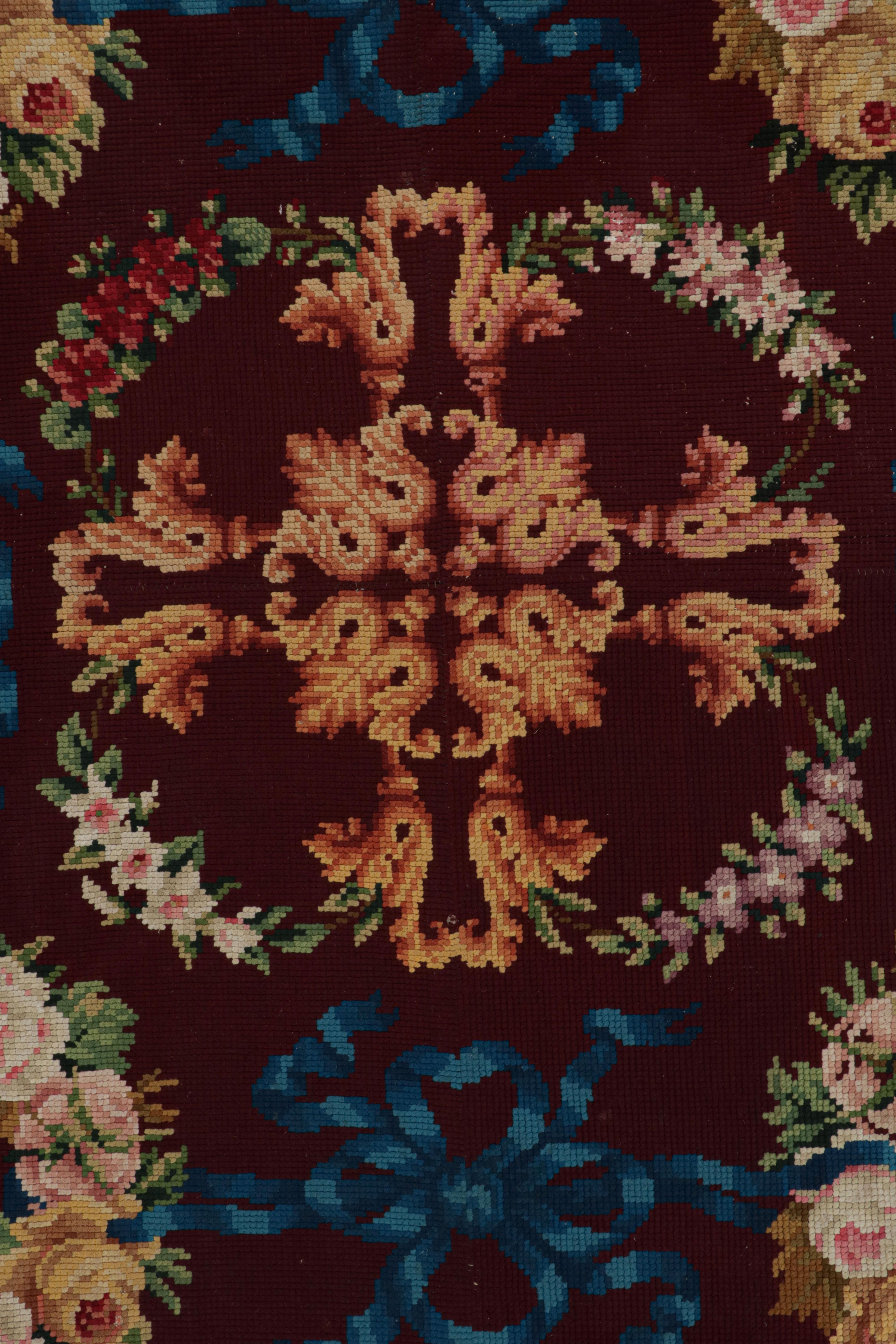 Early 20th Century Antique English Needlepoint Rug in Burgundy with Botanicals For Sale