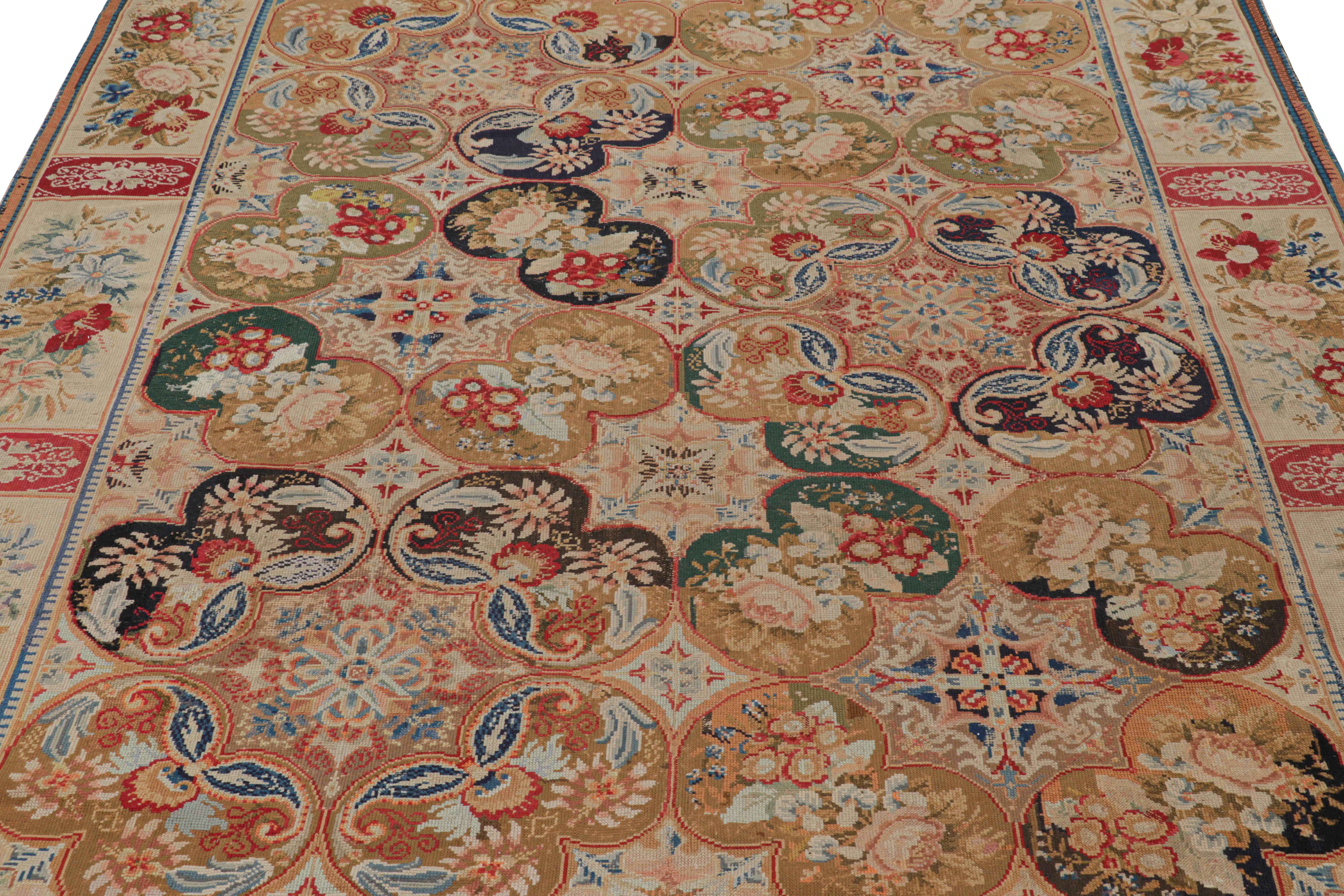 Handwoven in wool and originating from England circa 1850-1860, this 6x8 antique needlepoint rug is a rare and exciting new curation from our European rug collection. 

On the Design

Though one of its many beauties is the variety of colors for such