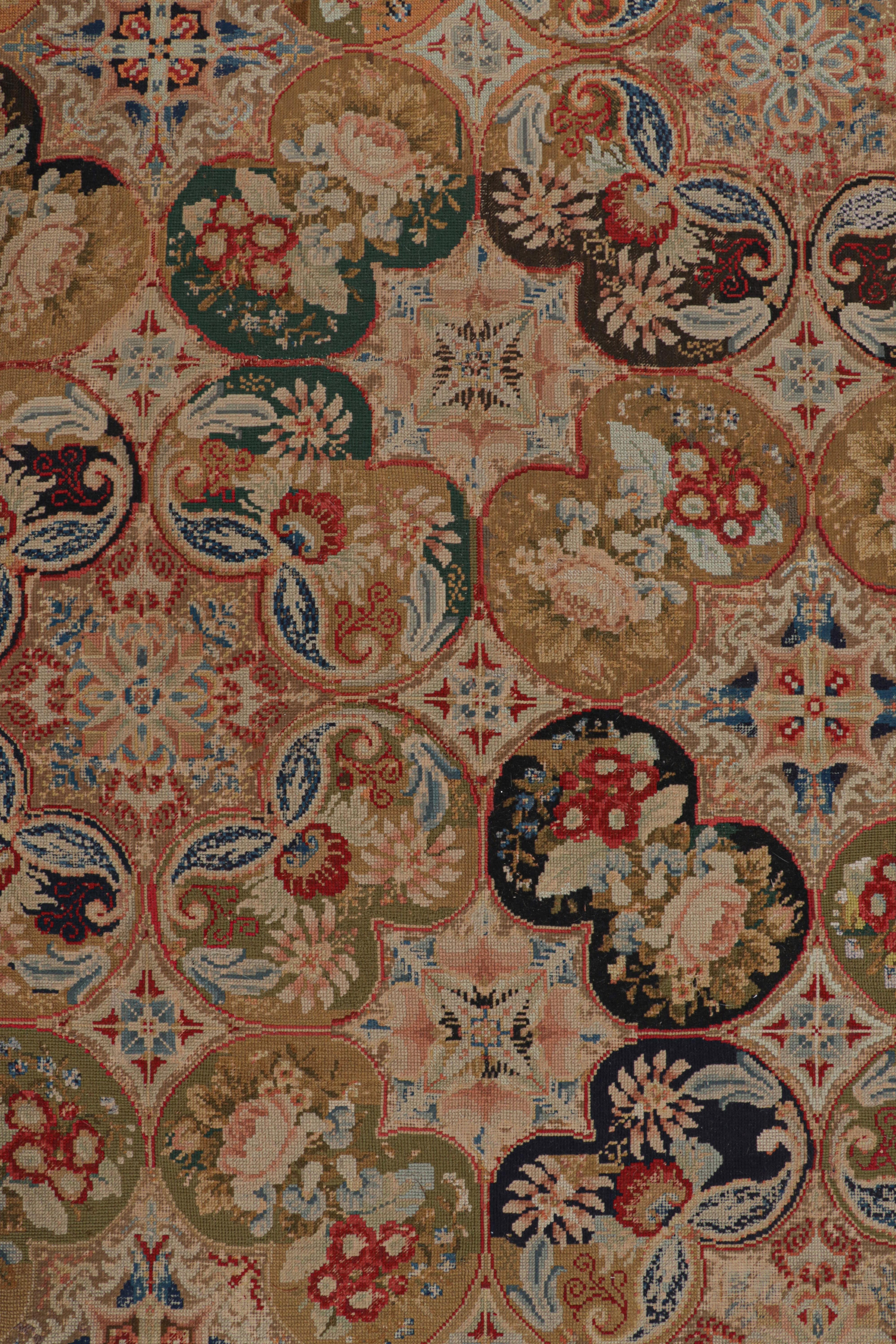 Hand-Woven Antique English Needlepoint Rug with Colorful Floral Medallions For Sale