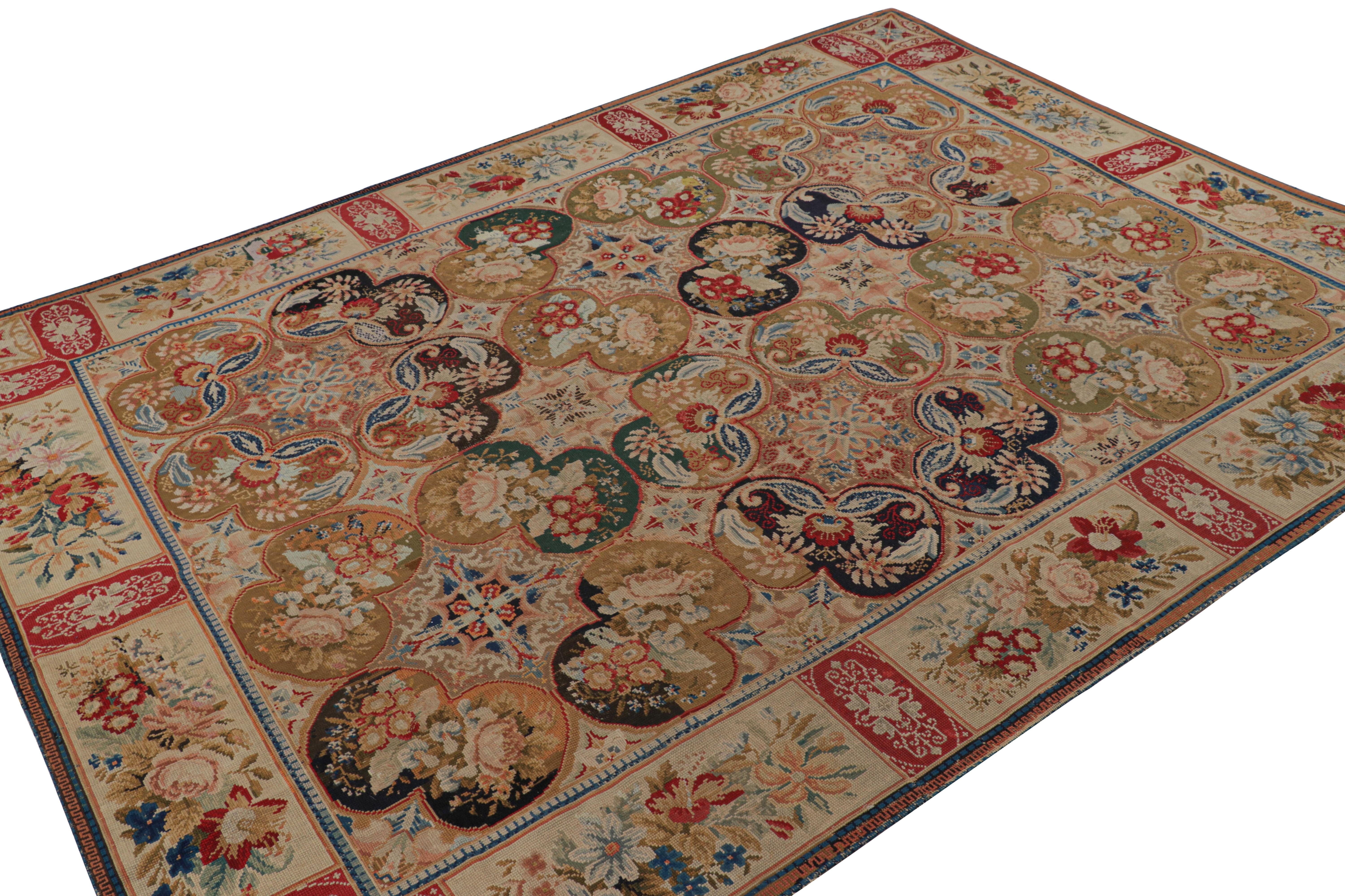 Antique English Needlepoint Rug with Colorful Floral Medallions In Good Condition For Sale In Long Island City, NY