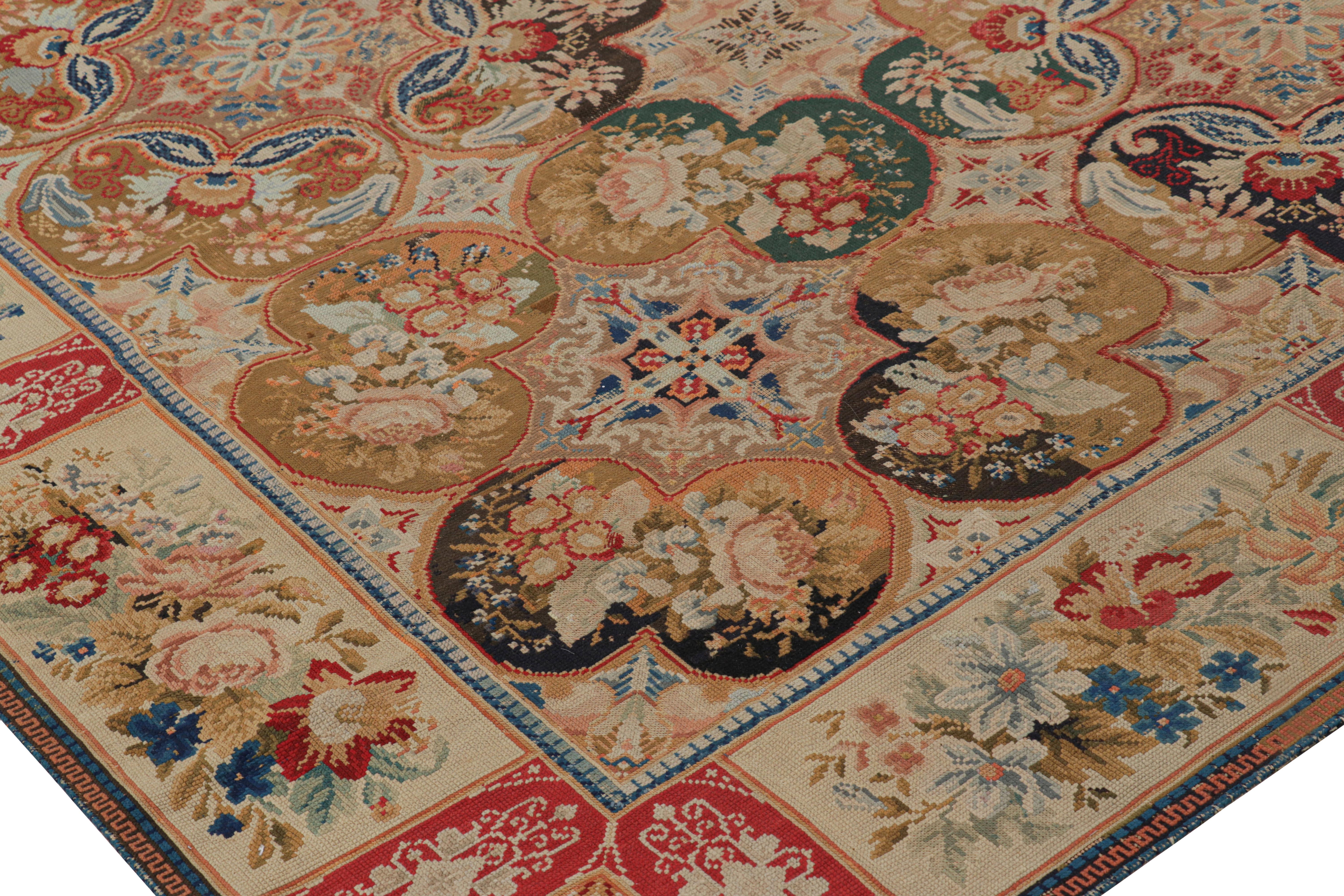 Wool Antique English Needlepoint Rug with Colorful Floral Medallions For Sale