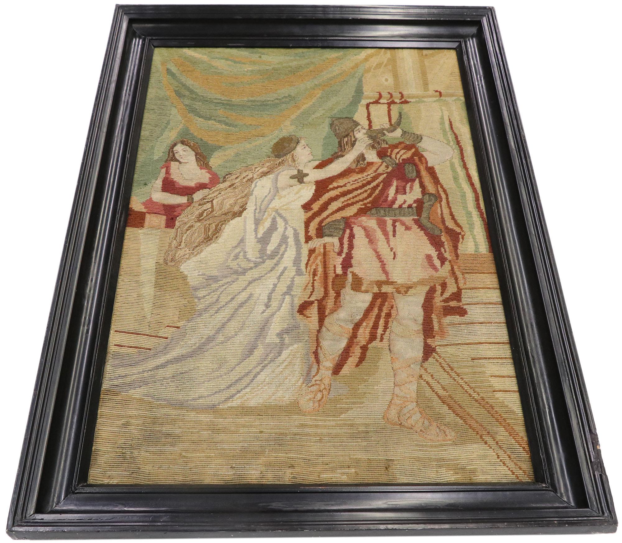 Médiéval Tapisserie anglaise ancienne Tristan et Isolde à l'aiguille de style médiéval en vente