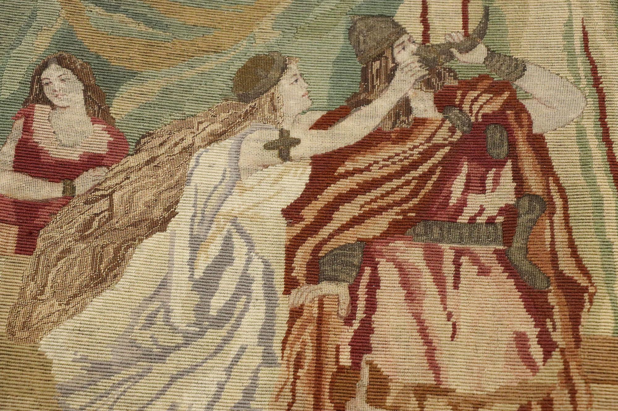 Antique English Needlepoint Tristan and Isolde Tapestry with Medieval Style In Distressed Condition For Sale In Dallas, TX