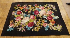 Antique English Needlepoint, Victorian Style, Floral On Black, Wool, 1900