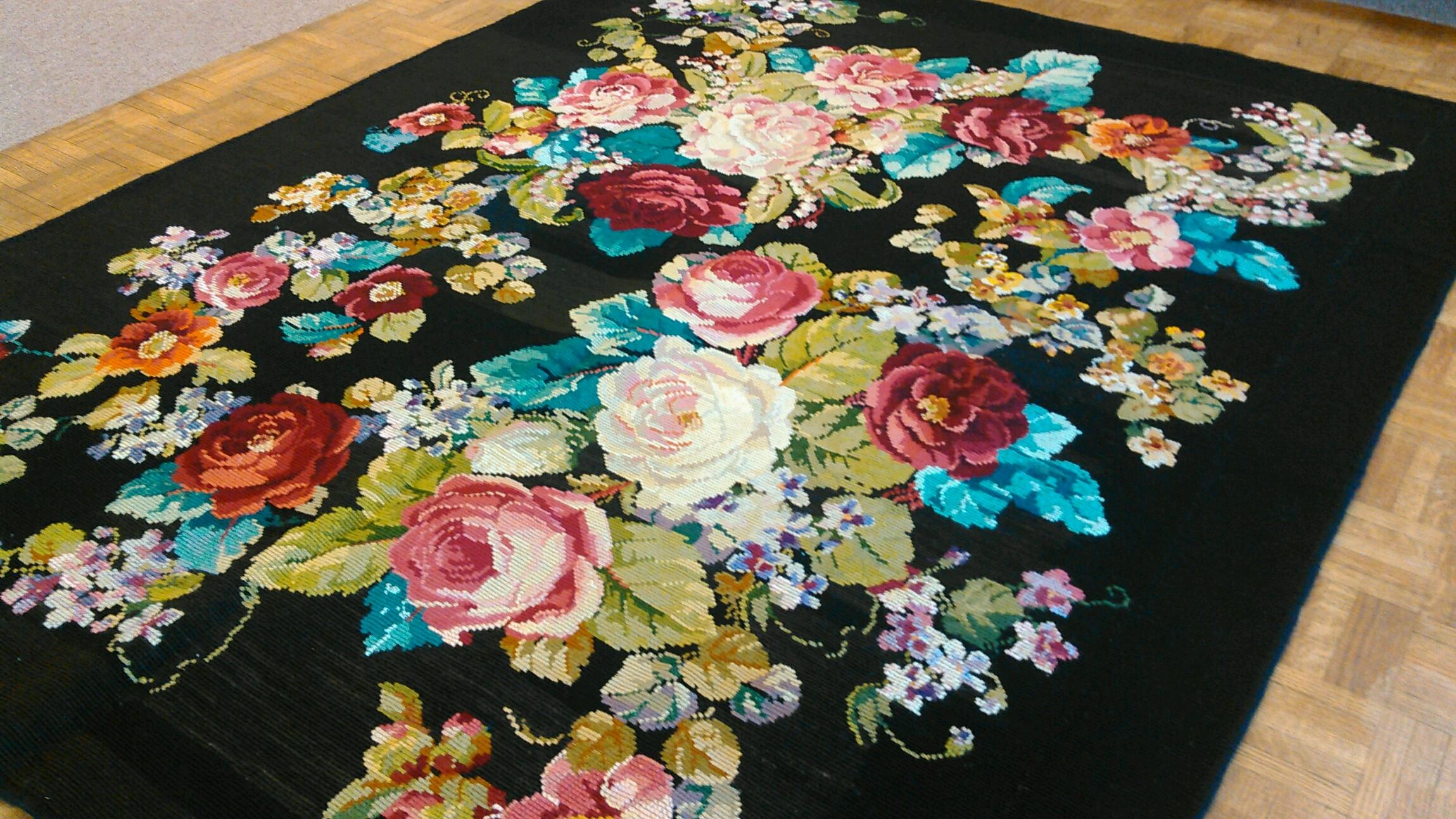 Early Victorian Antique English Needlepoint, Victorian Style, Floral On Black, Wool, 1900 For Sale