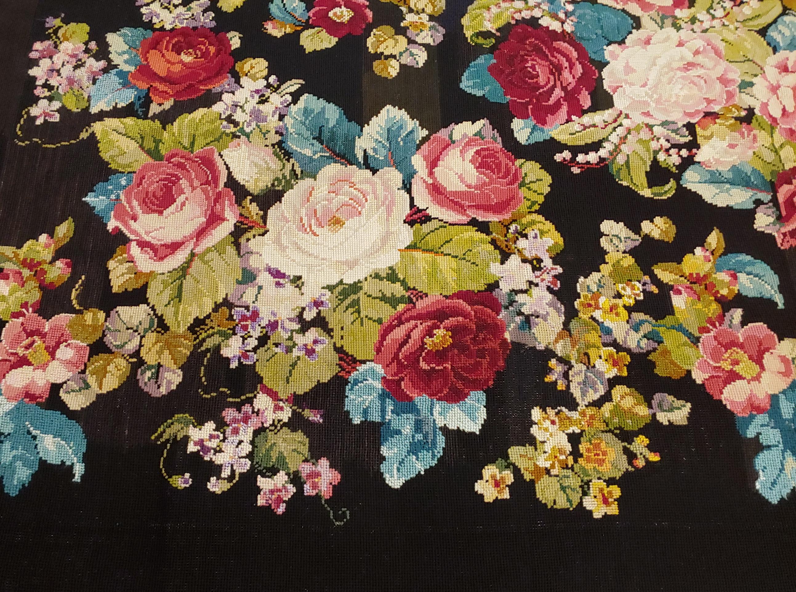 European Antique English Needlepoint, Victorian Style, Floral On Black, Wool, 1900 For Sale