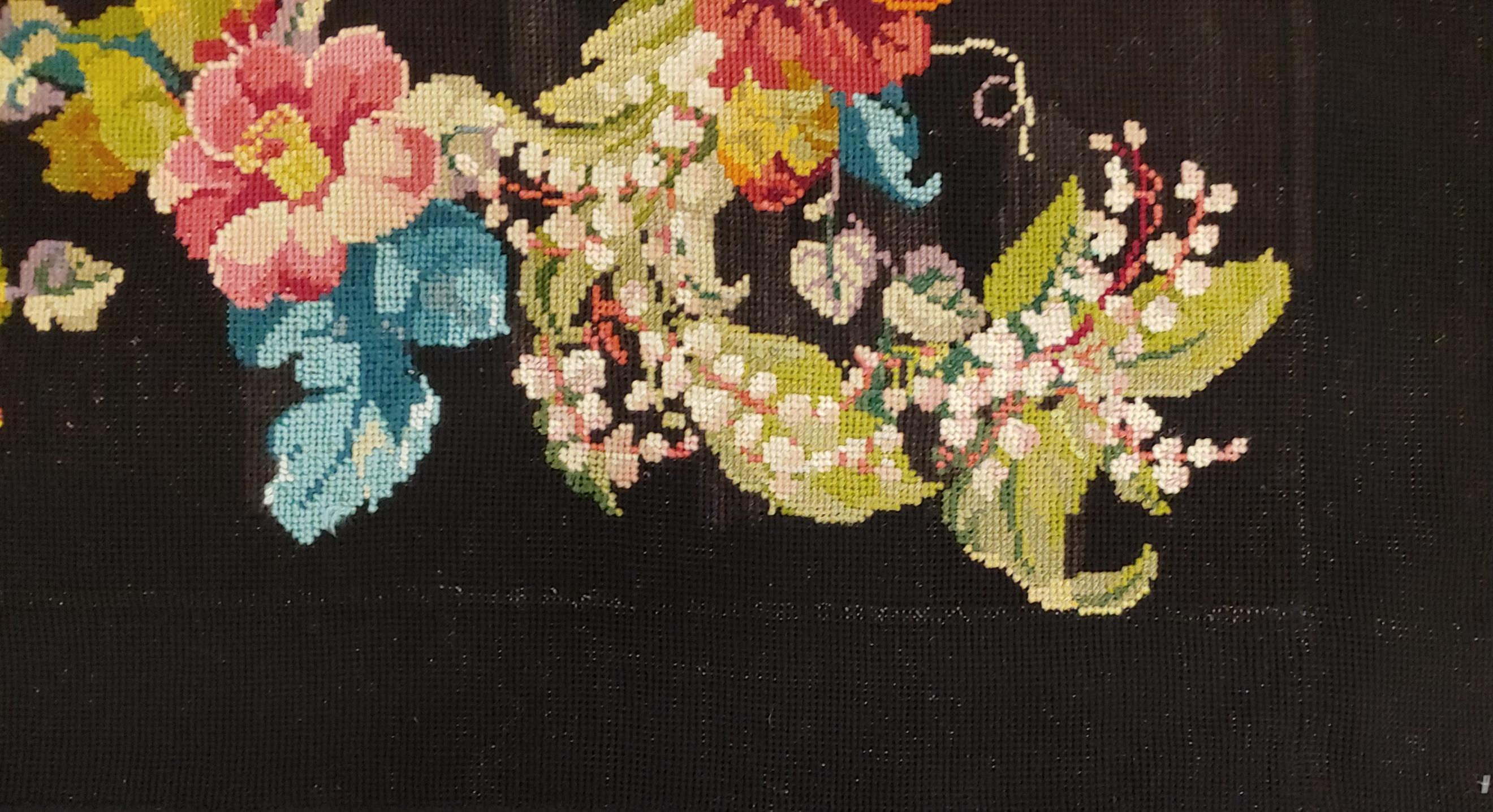 Antique English Needlepoint, Victorian Style, Floral On Black, Wool, 1900 In Good Condition For Sale In Williamsburg, VA