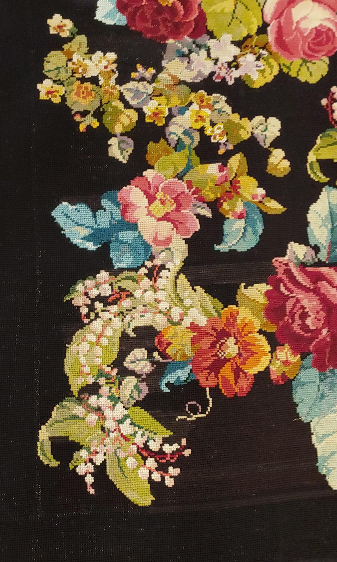 20th Century Antique English Needlepoint, Victorian Style, Floral On Black, Wool, 1900 For Sale