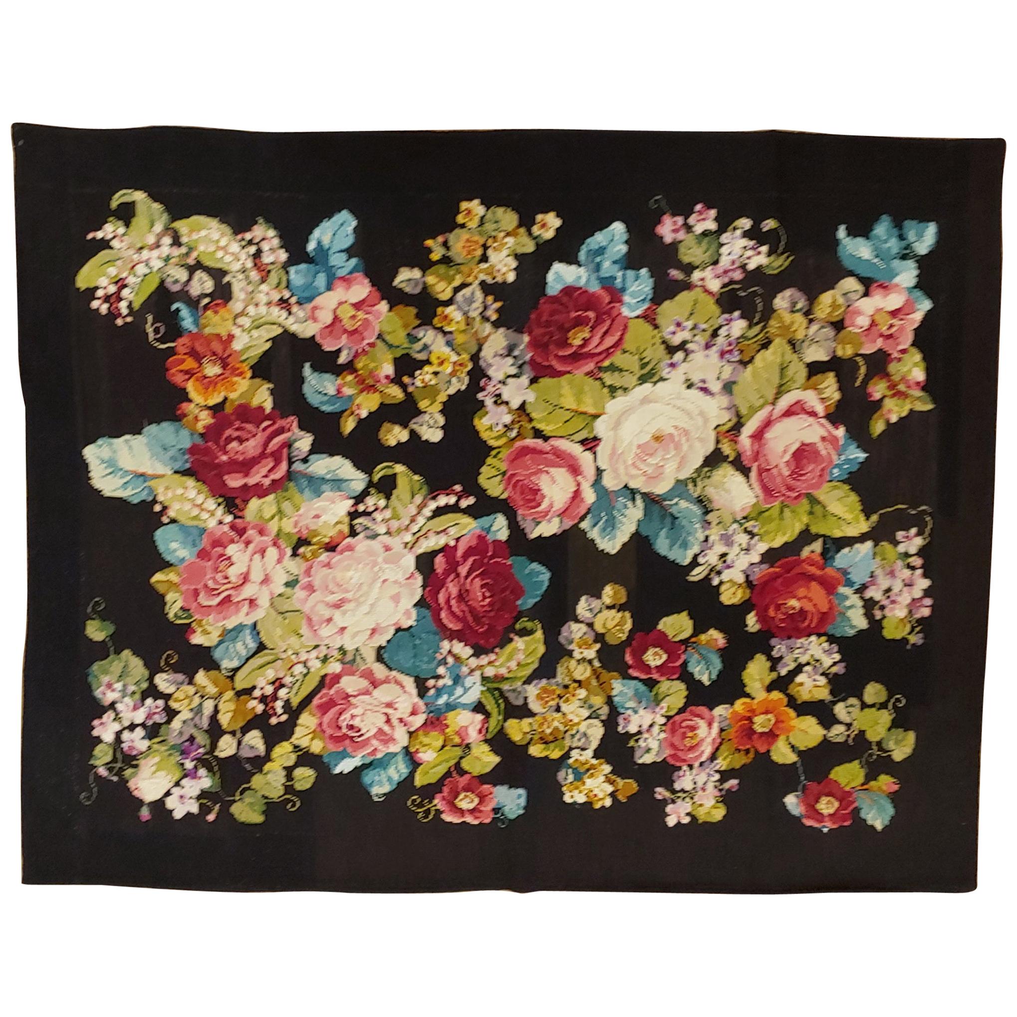 Antique English Needlepoint, Victorian Style, Floral On Black, Wool, 1900 For Sale
