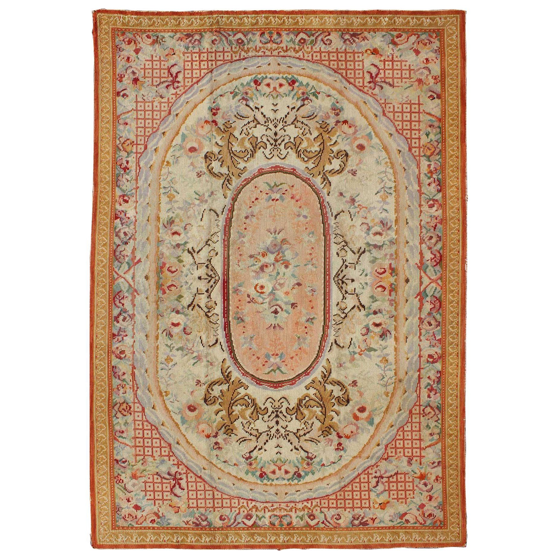 Antique broderie anglaise à l'aiguille avec motif d'Aubusson et médaillon central à fleurs