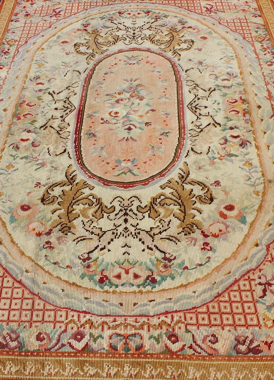Antique English Needlepoint with Aubusson Design and Floral Central Medallion For Sale 5