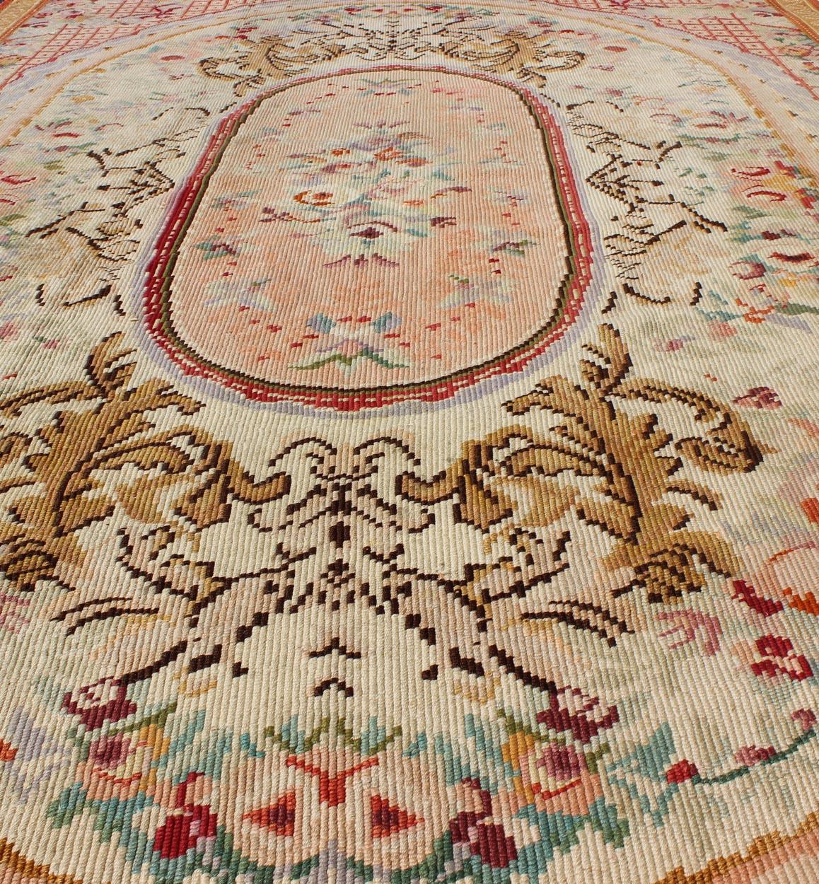 Antique English Needlepoint with Aubusson Design and Floral Central Medallion For Sale 6
