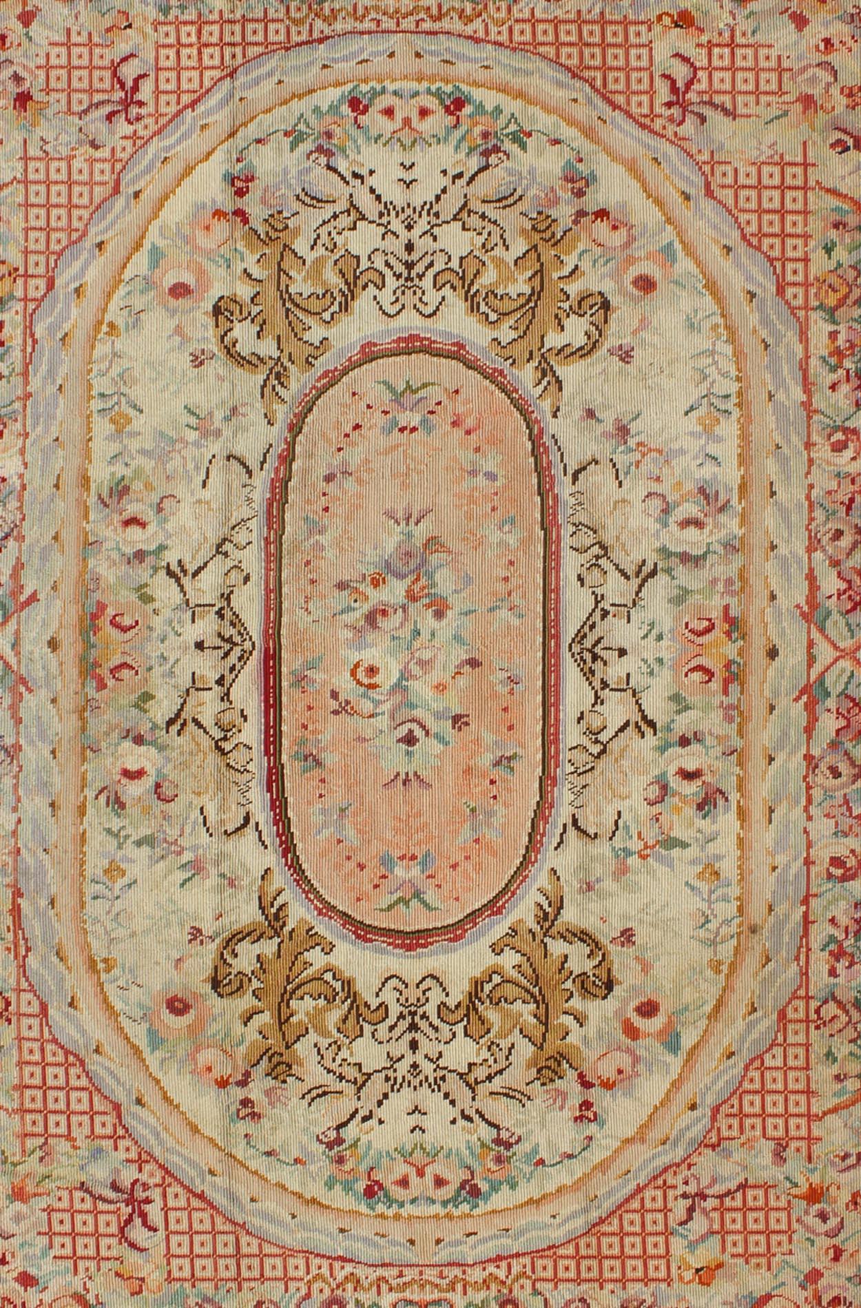 Antique English Needlepoint with Aubusson Design and Floral Central Medallion In Good Condition For Sale In Atlanta, GA