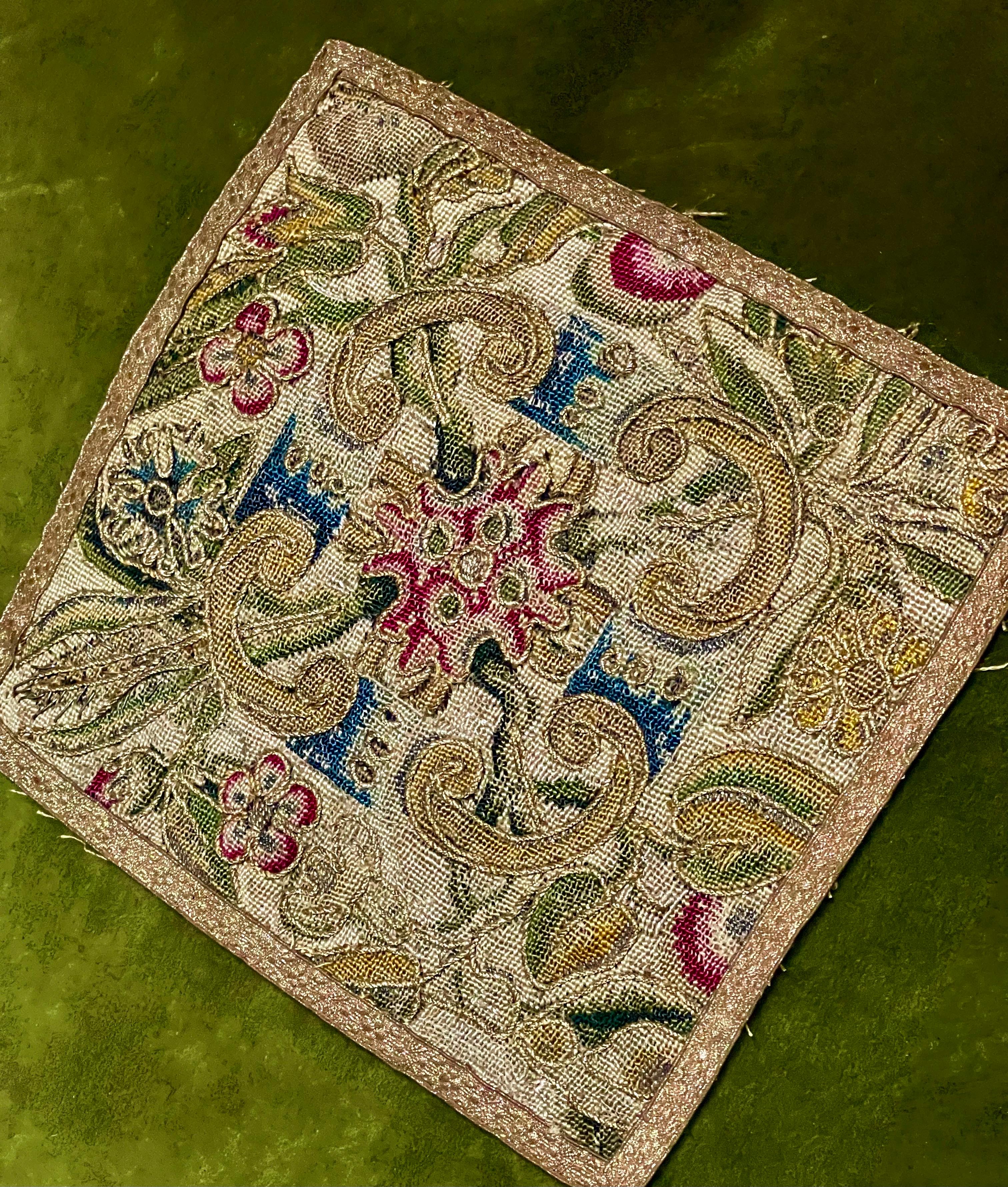 

Beautiful English Needlework Panel

Dating from early 17th Century Circa 1620

The entire surface worked in intricate  tiny  silk stitches.

Hard to capture the beauty on my camera.  Each flower, leaf, plant etc is edged with gold metallic cording