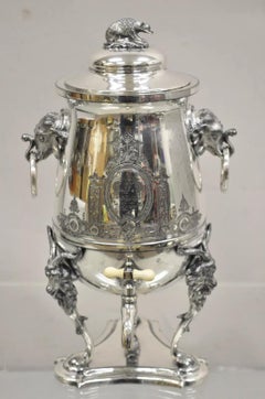 Antique English Neoclassical Figural Silver Plated Samovar w/Rams & Elephants