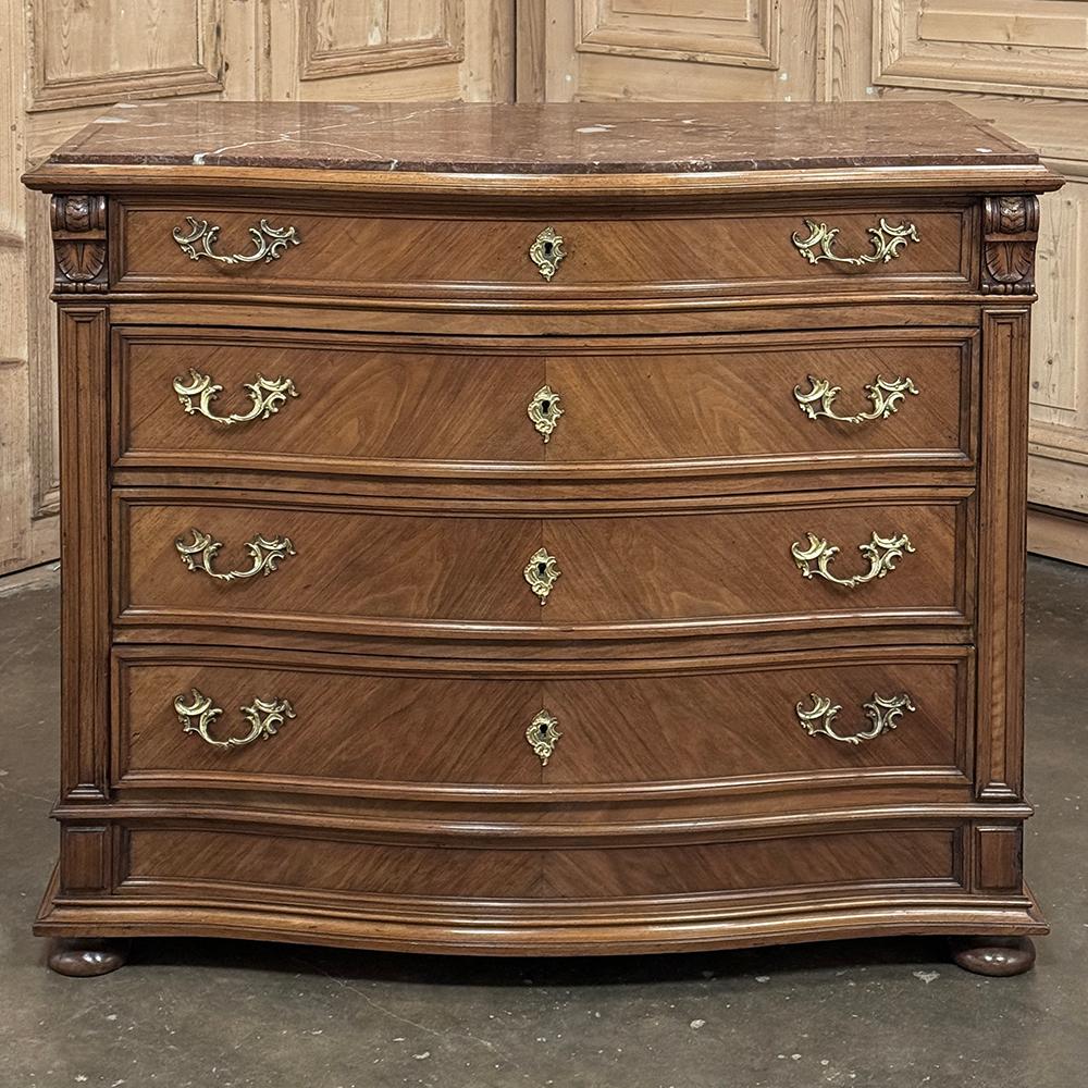 Hand-Crafted Antique English Neoclassical Marble Top Walnut Chest of Drawers For Sale