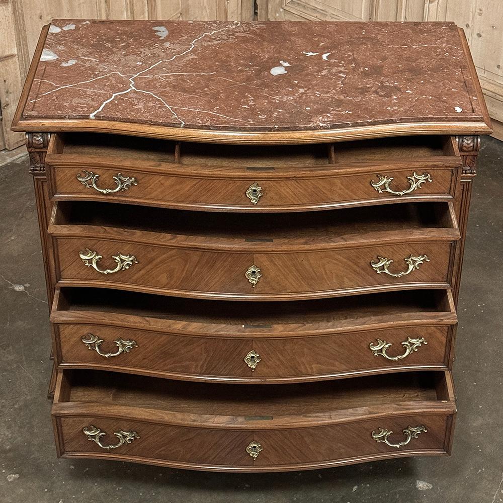 Brass Antique English Neoclassical Marble Top Walnut Chest of Drawers For Sale