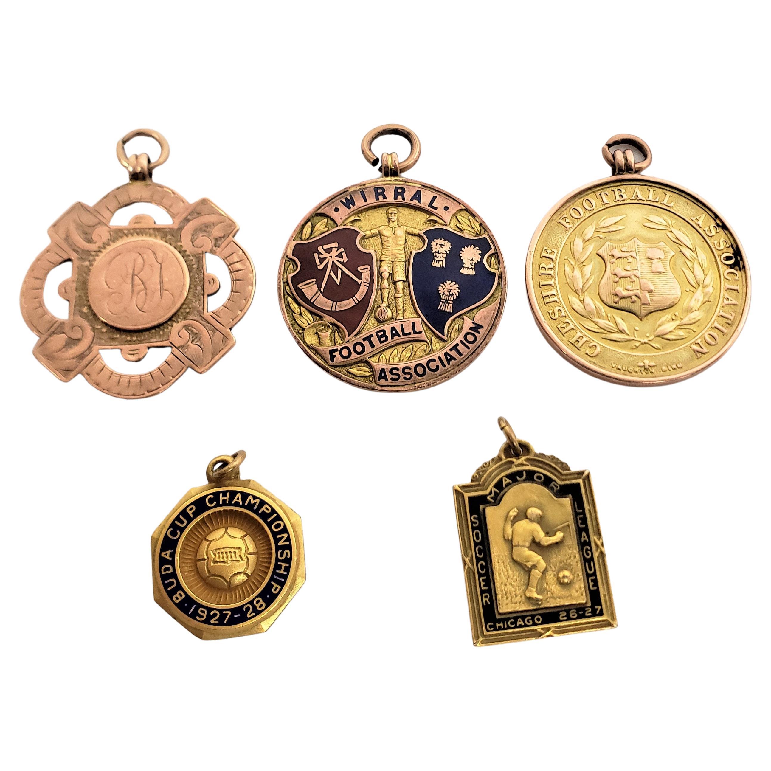 Antique English Nine Karat Yellow Gold Football or Soccer Medals & Two Plated For Sale