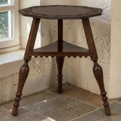 Antique English Nine Sided Carved Oak Spool Leg Occasional Table