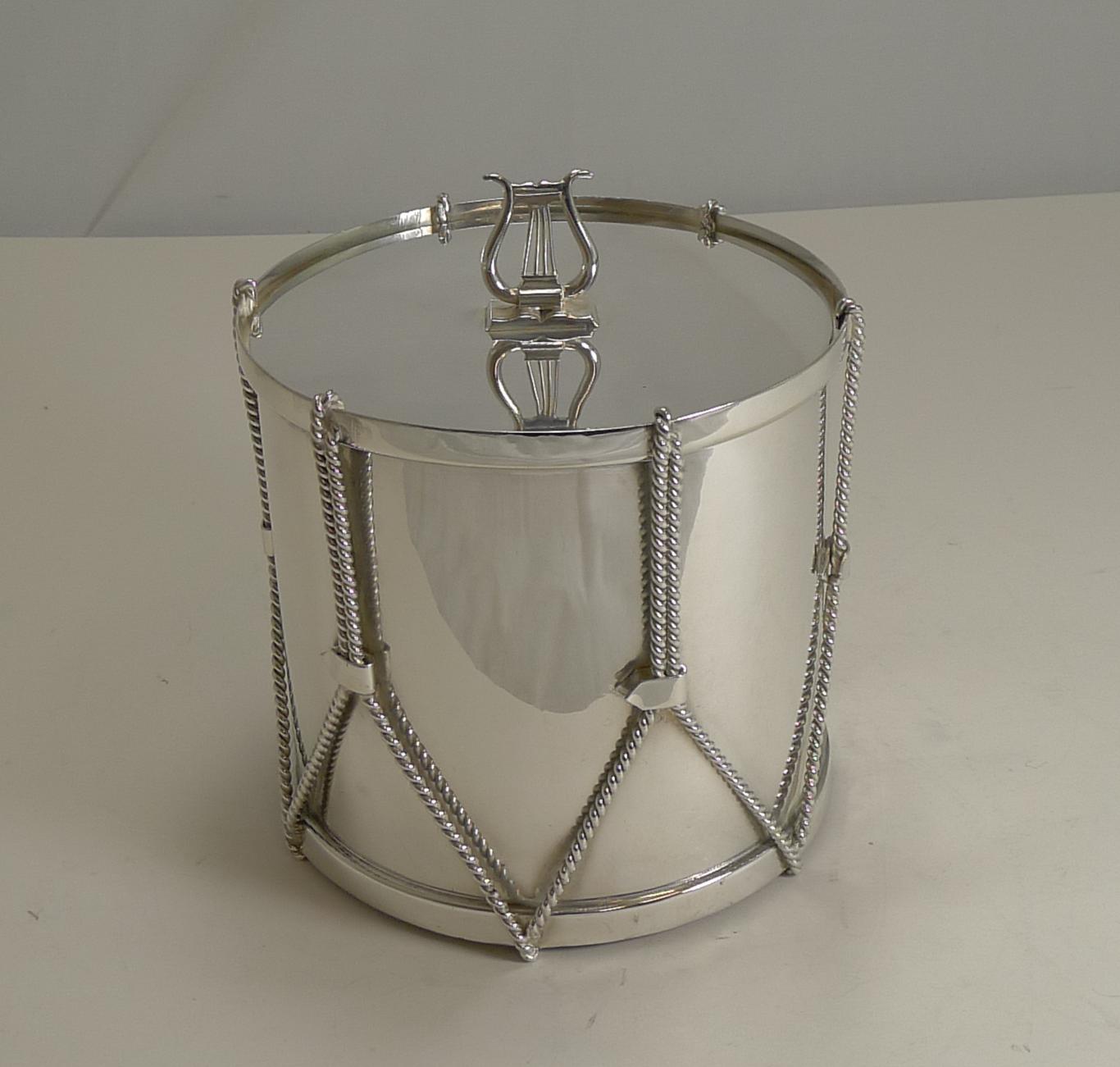 Late Victorian Antique English Novelty Biscuit Box Drum by Mappin & Webb, circa 1890